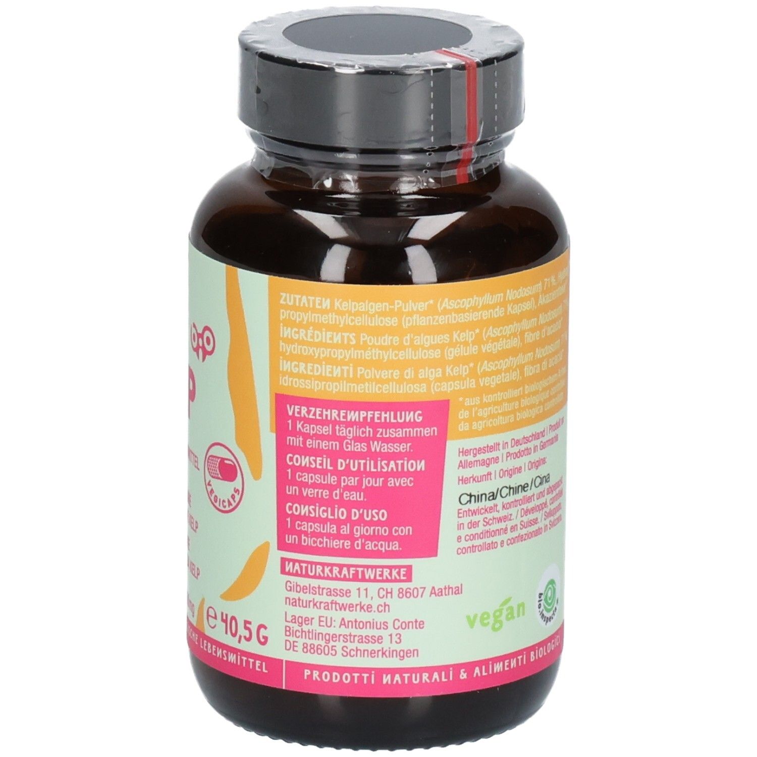 NATURKRAFTWERKE Kelp Vegicaps : étiquette de bouteille avec ingrédients et conseil d'utilisation.