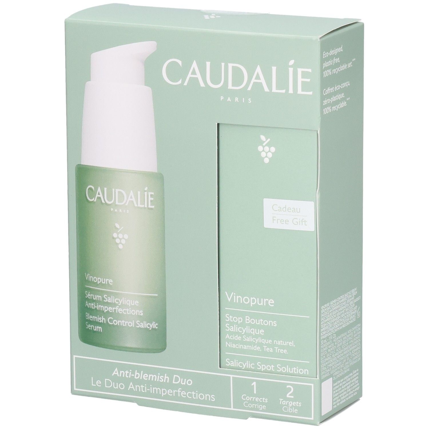 Geschenkset mit Serum und Reinigungslotion. Caudalie-Logo und Produktnamen. Verpackung mit zwei Produkten, grün und weiß.