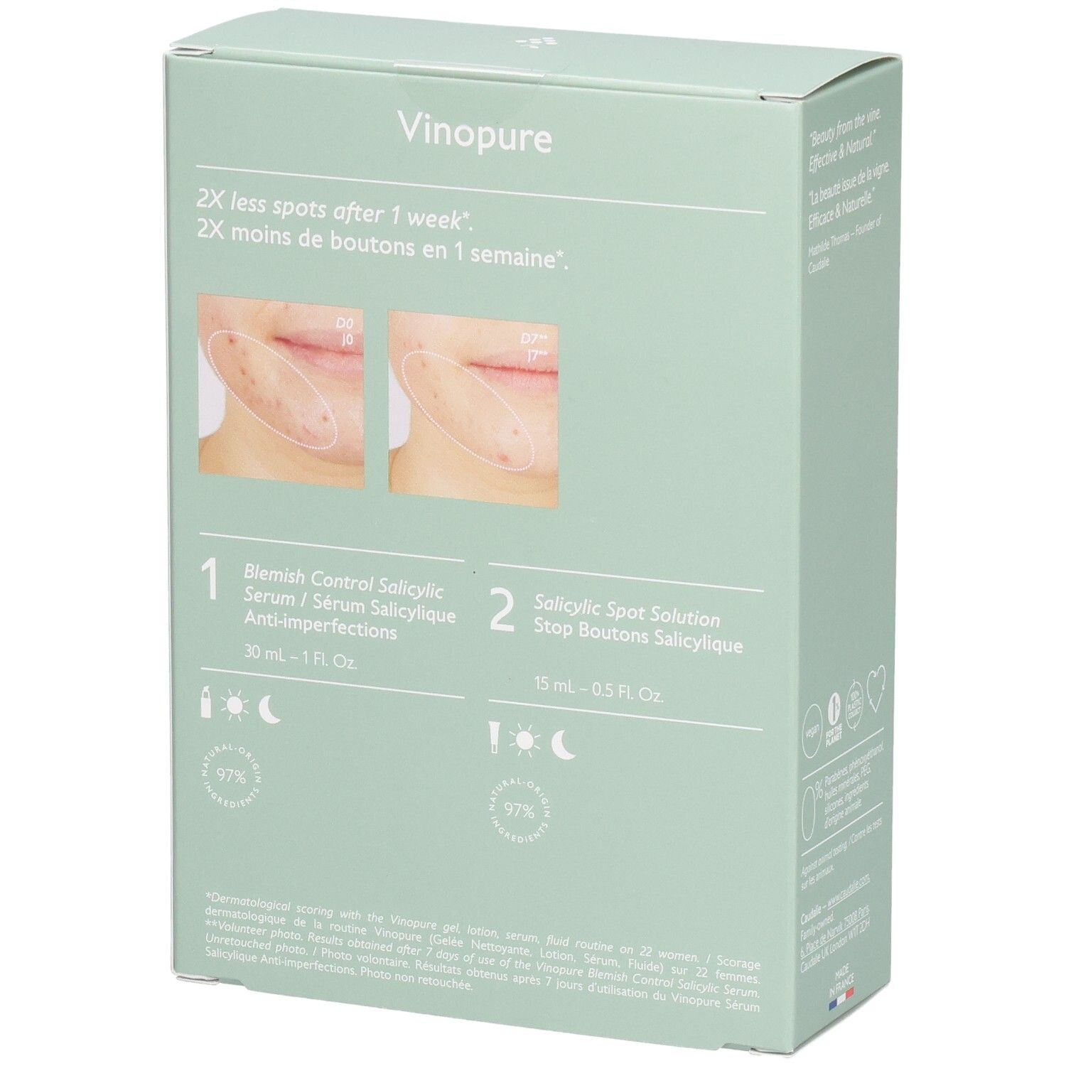 Rückseite der Caudalie-Verpackung. Produktname Vinopure. Abbildungen von Haut vor und nach der Anwendung. Text in mehreren Sprachen.