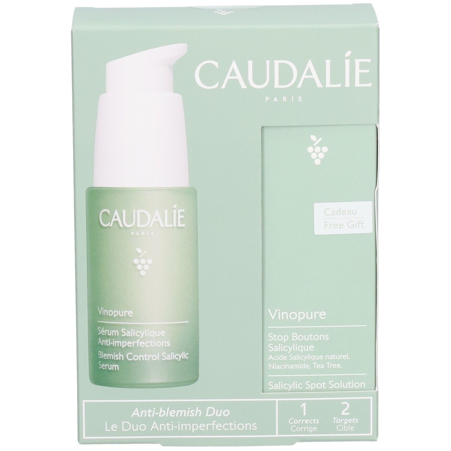Caudalie-Geschenkset. Serum und Spot Solution. Logo und Produktnamen. Verpackung mit zwei Produkten, grün und weiß.