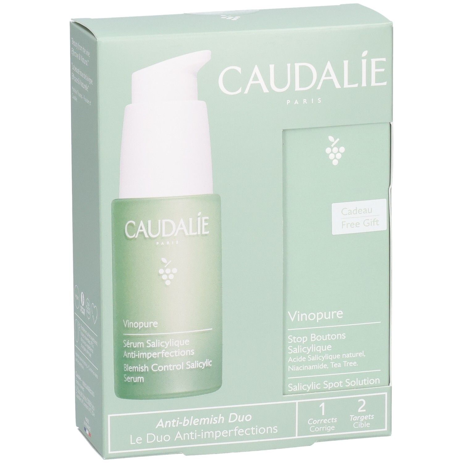 Caudalie-Geschenkset. Serum und Spot Solution. Logo und Produktnamen. Verpackung mit zwei Produkten, grün und weiß.