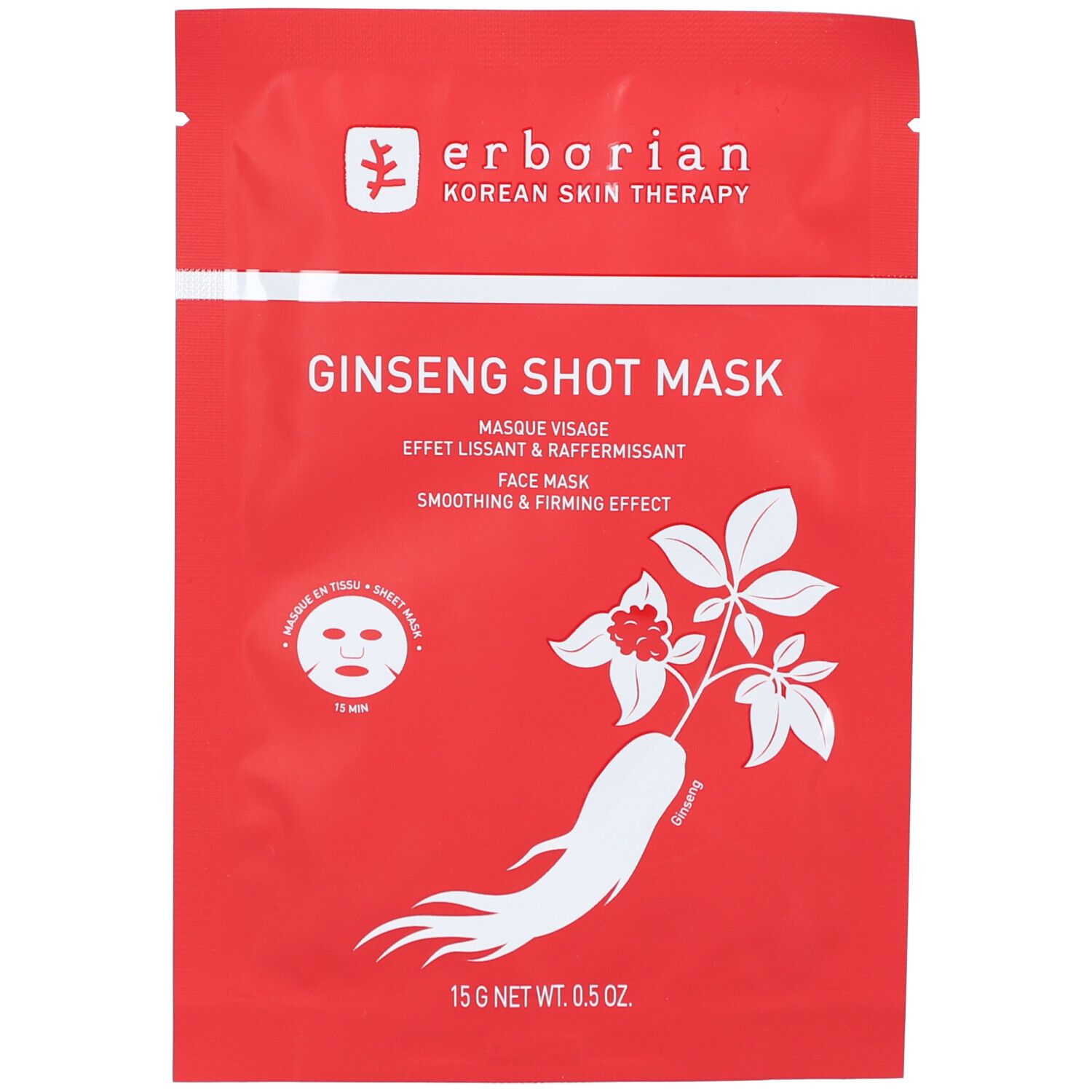 Rote Verpackung mit Produktnamen und Ginseng-Illustration. Text: "Ginseng Shot Mask". Marke: Erborian.