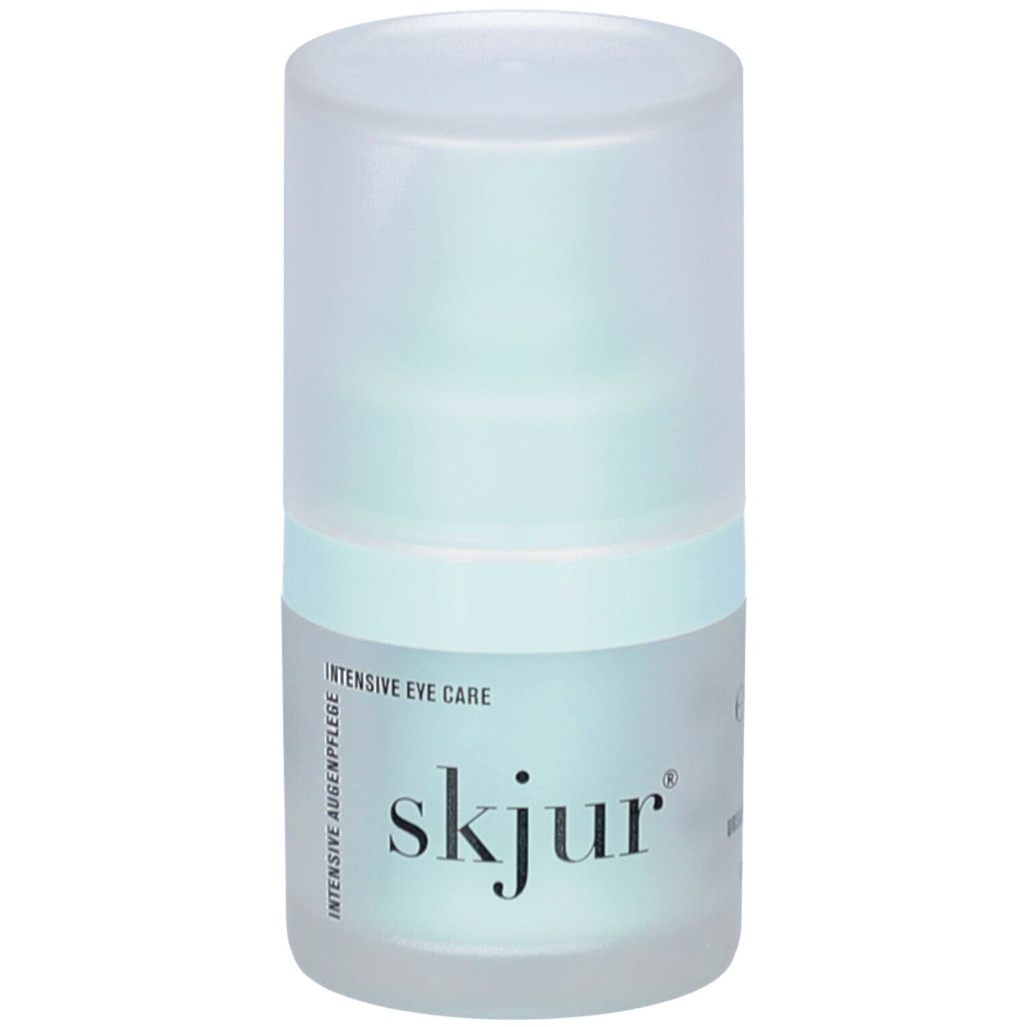 Flacon cylindrique avec bouchon. Inscription: skjur, Intensive Eye Care. Emballage bleu clair transparent.