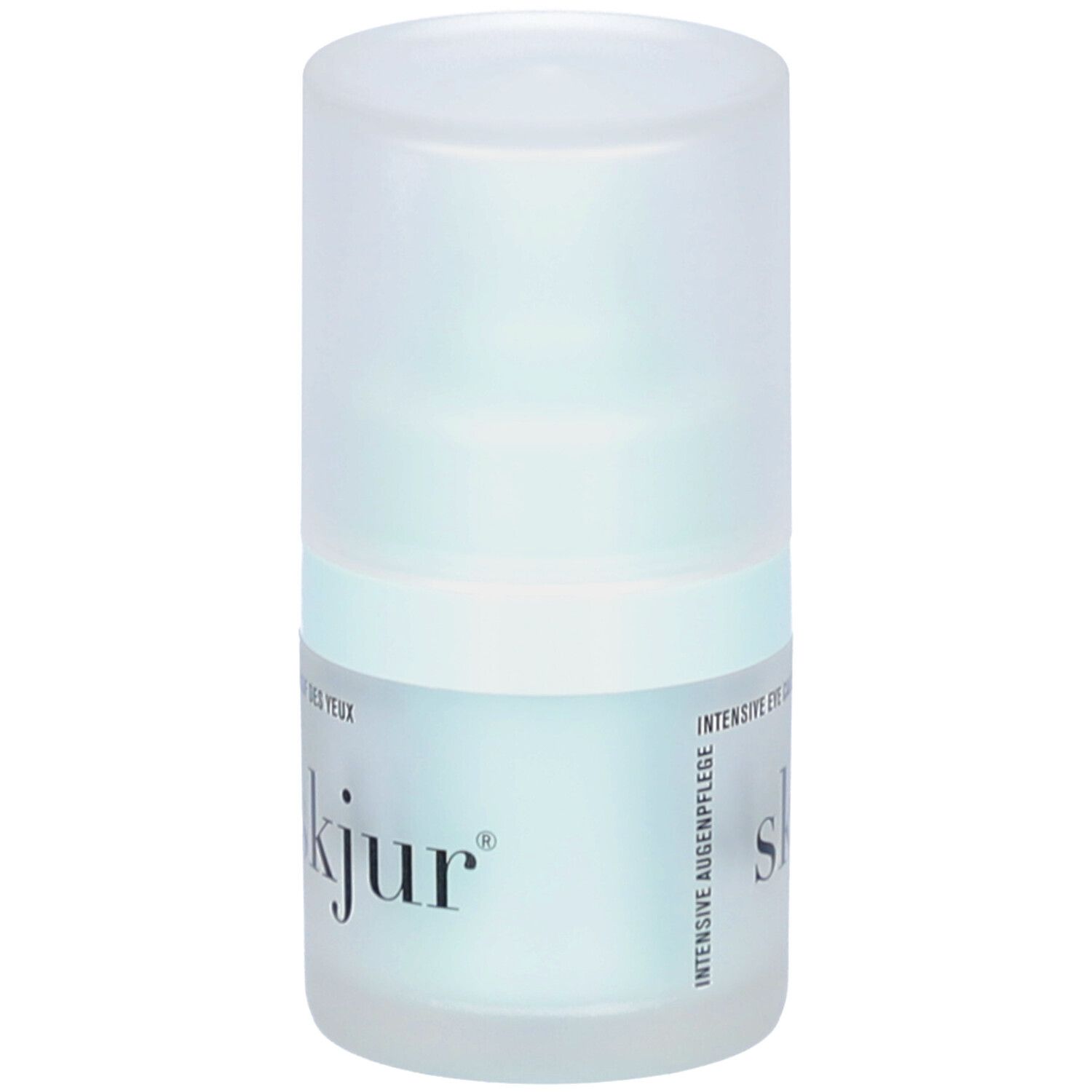 Flacon cylindrique avec bouchon. Inscription: skjur, Intensive Eye Care. Emballage bleu clair transparent.