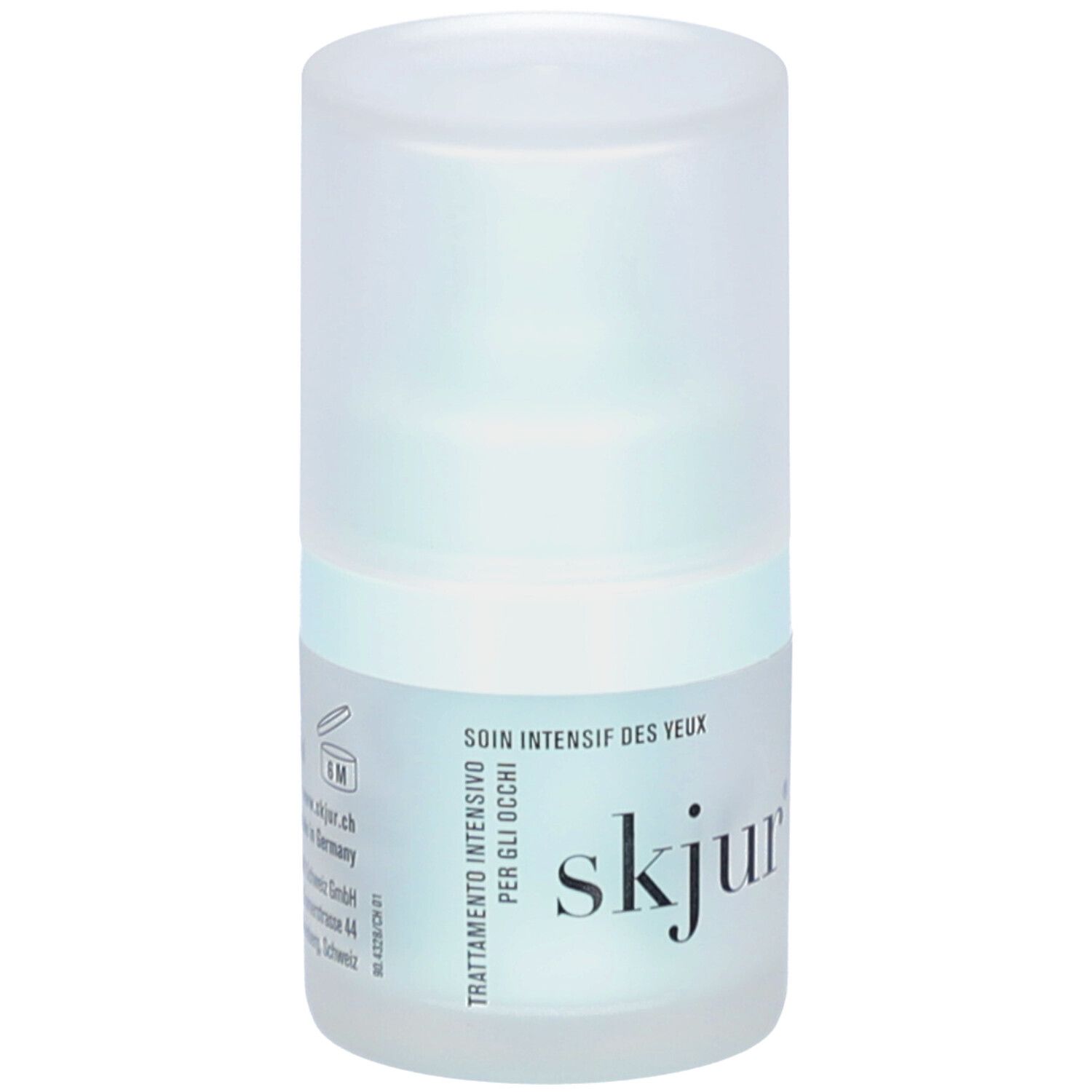 Flacon cylindrique avec bouchon. Inscription: skjur, Soin intensif des yeux. Emballage bleu clair transparent.