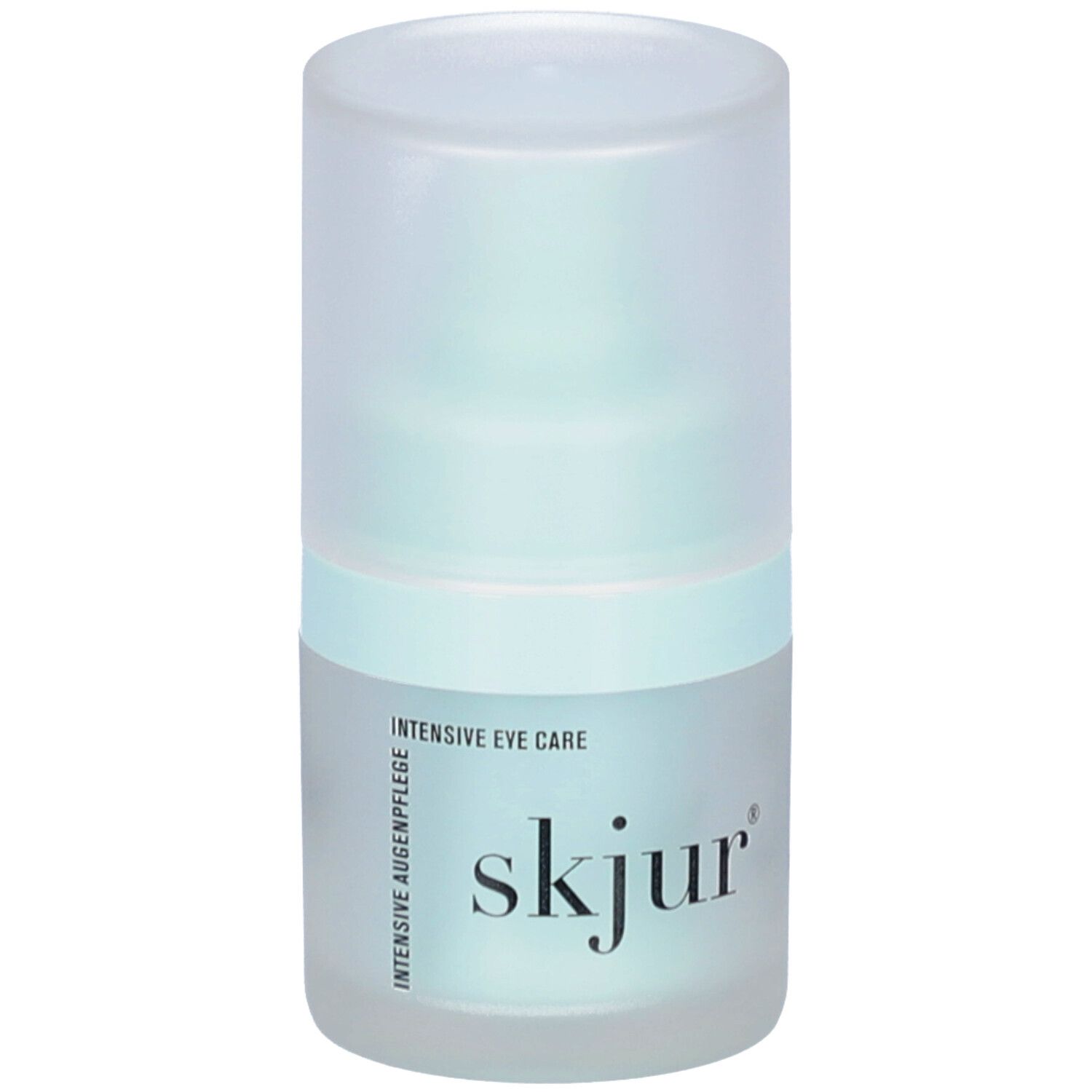 Flacon cylindrique avec bouchon. Inscription: skjur, Intensive Eye Care. Emballage bleu clair transparent.
