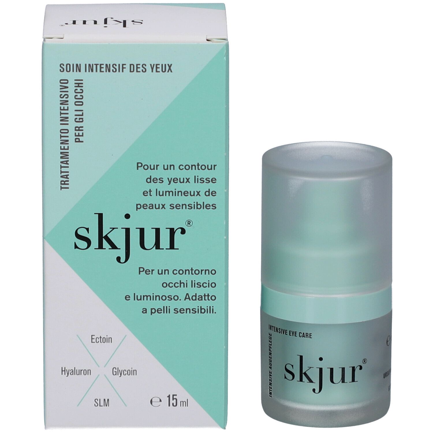 Flacon et emballage. Inscription: skjur, Soin intensif des yeux. Design bleu clair et blanc. e 15 ml.