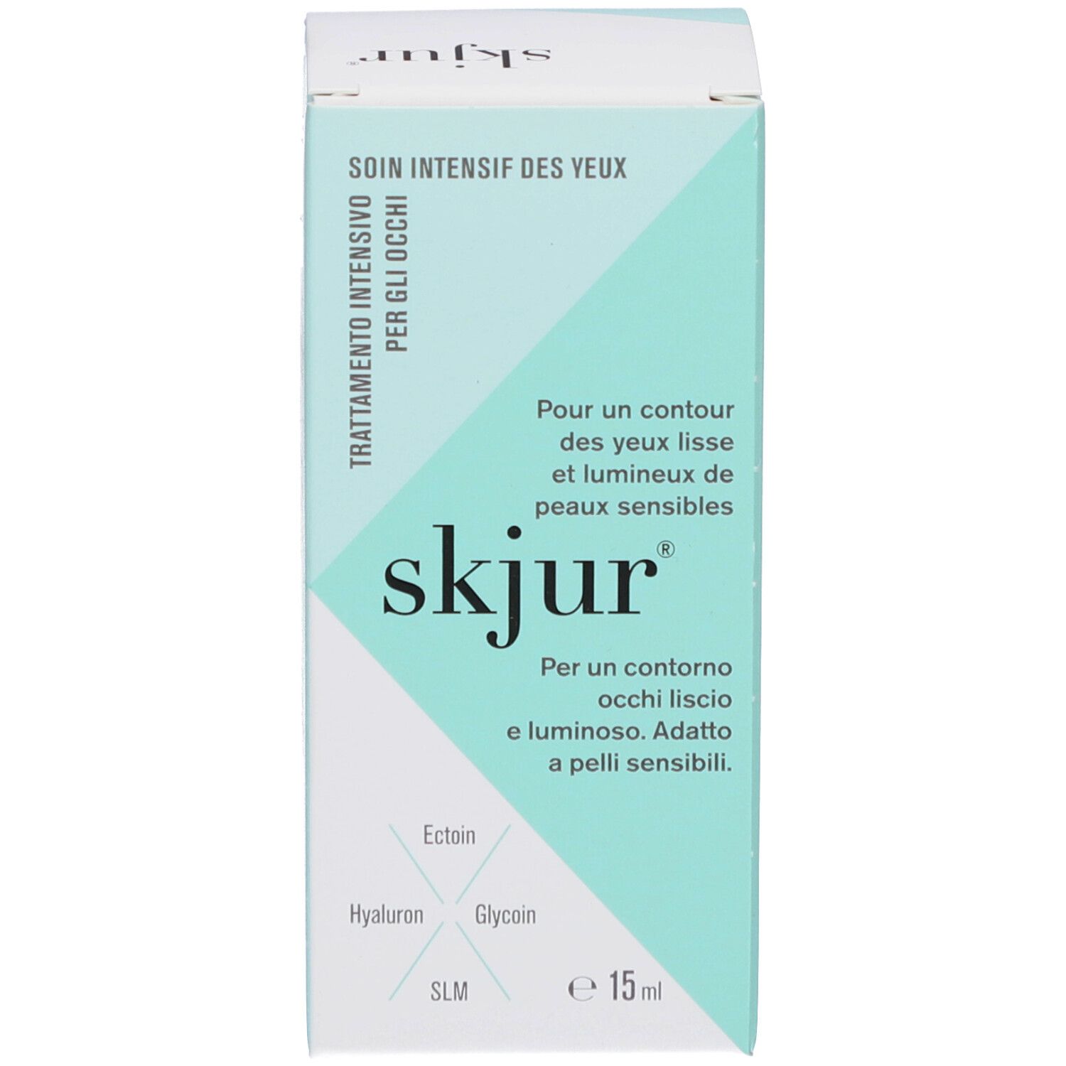 Emballage du produit. Inscription: skjur, Soin intensif des yeux. Design bleu clair et blanc. e 15 ml.