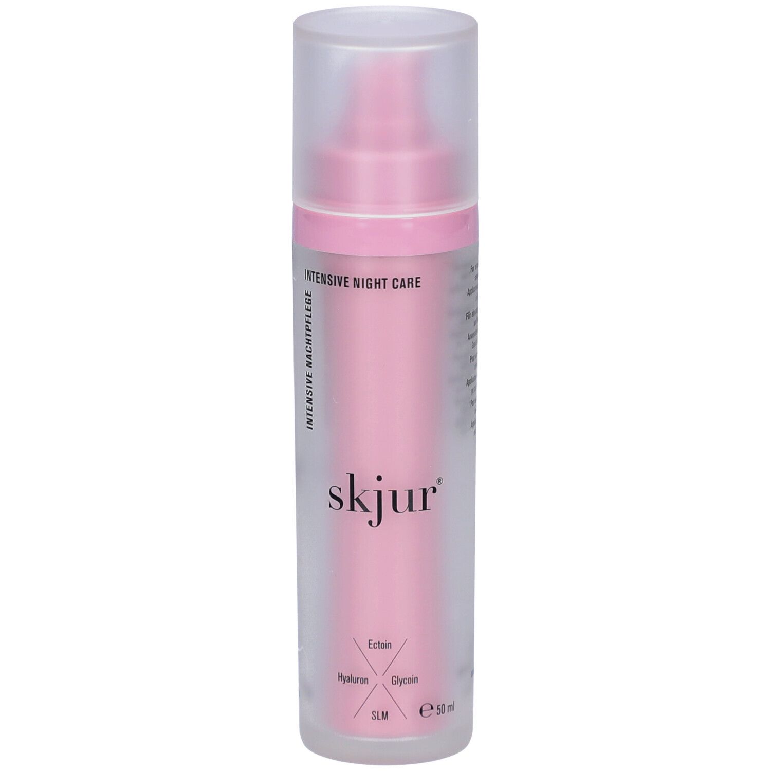 Rosa Flasche mit durchsichtiger Kappe. Aufschrift: skjur, Intensive Nachtpflege. Enthält Ectoin, Hyaluron, Glycerin, SLM. E 50 ml.