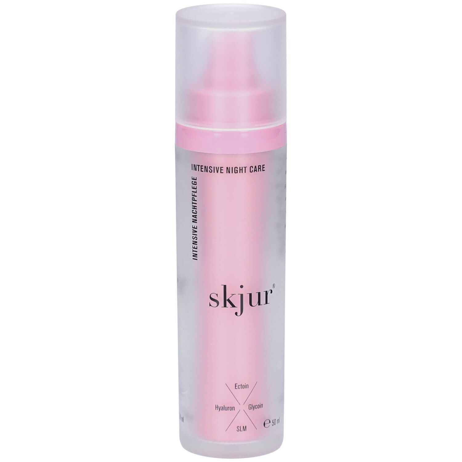 Rosa Flasche mit durchsichtiger Kappe. Aufschrift: skjur, Intensive Nachtpflege. Enthält Ectoin, Hyaluron, Glycerin, SLM. E 50 ml.