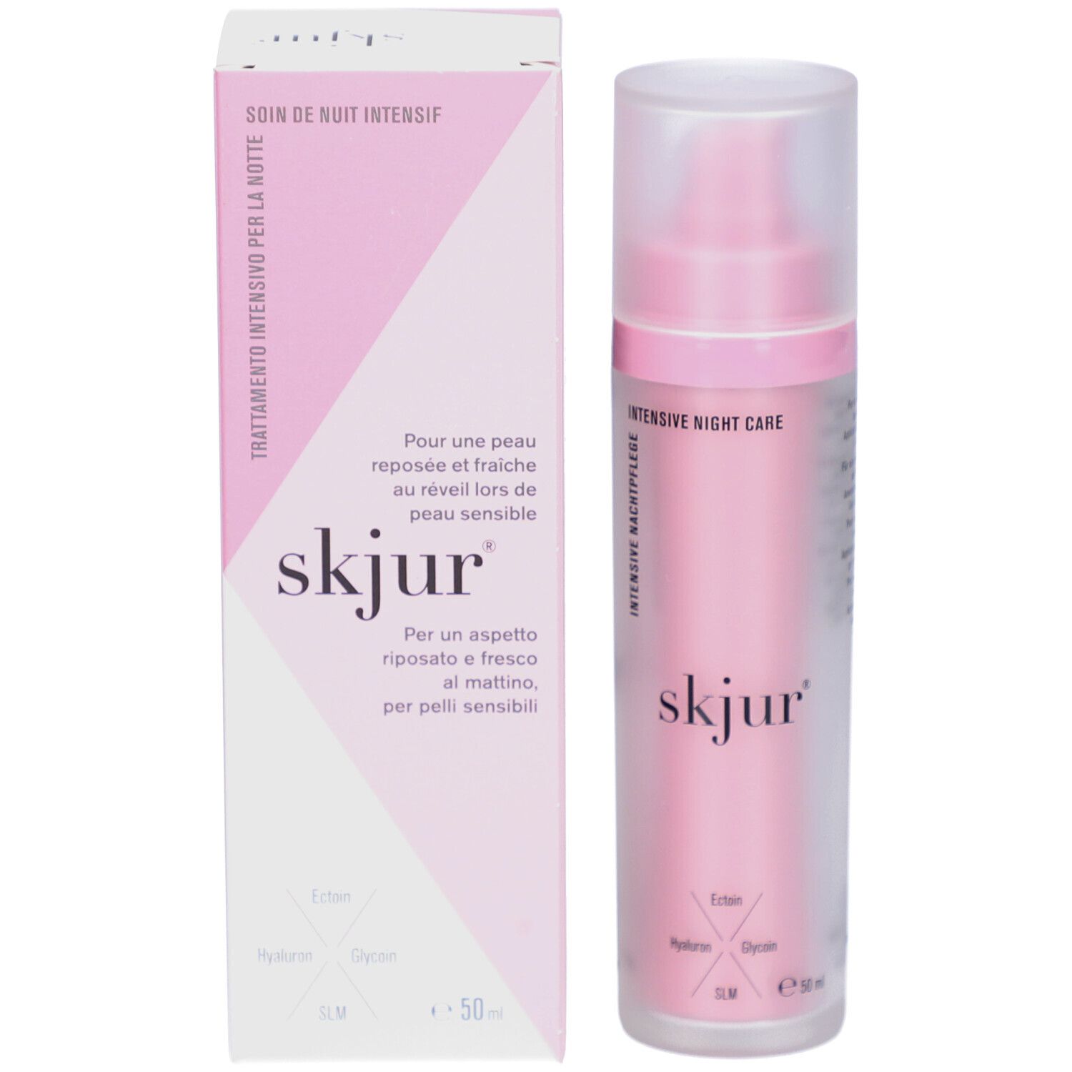 Produkt und Verpackung. Rosa Flasche mit Karton. Aufschrift: skjur, Intensive Nachtpflege. Enthält Ectoin, Hyaluron, Glycerin, SLM. E 50 ml.