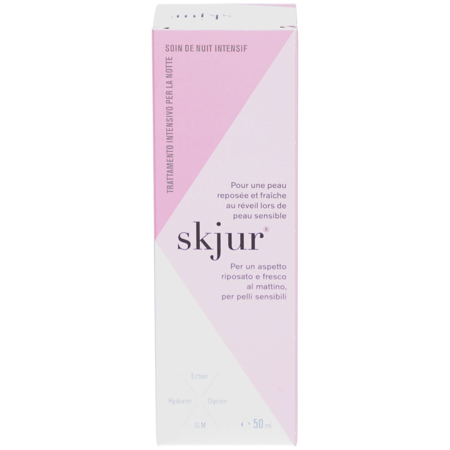 Kartonverpackung. Aufschrift: skjur, Intensive Nachtpflege. Enthält Ectoin, Hyaluron, Glycerin, SLM. E 50 ml.