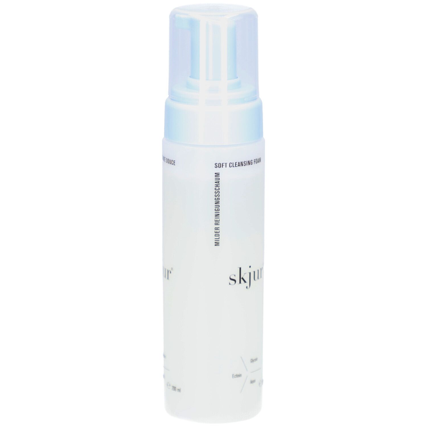 Flacon blanc avec pompe bleue. Inscription: skjur. Texte: Milder Reinigungsschaum, Soft Cleansing Foam.