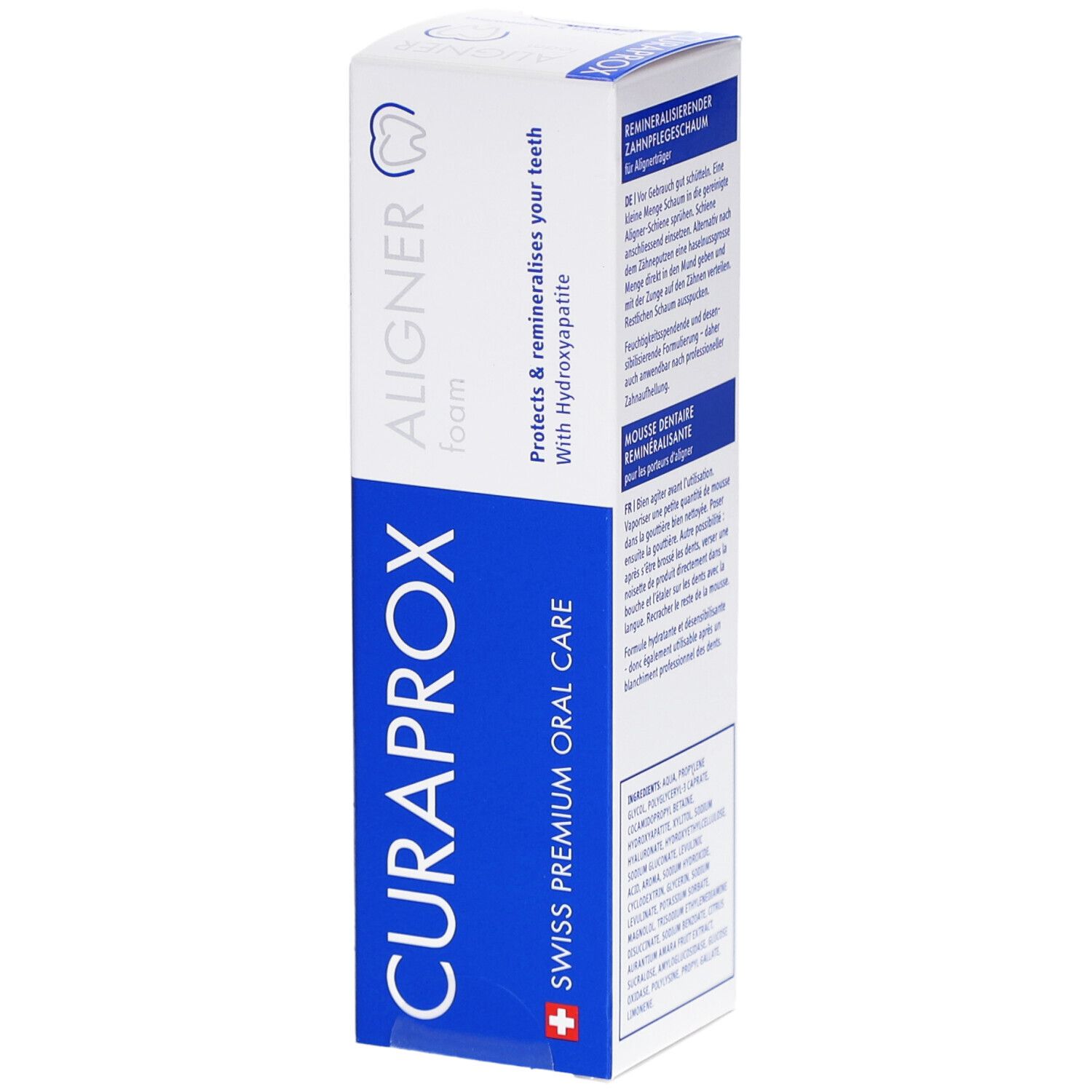 Zahnreinigungsschaum für Aligner. CURAPROX Aligner Foam. Weiß-blaue Verpackung. Swiss Premium Oral Care.