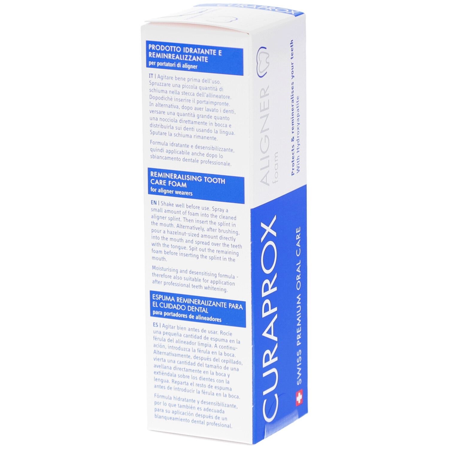 Verpackung mit Text in mehreren Sprachen. CURAPROX Aligner Foam. Enthält Informationen zur Anwendung.
