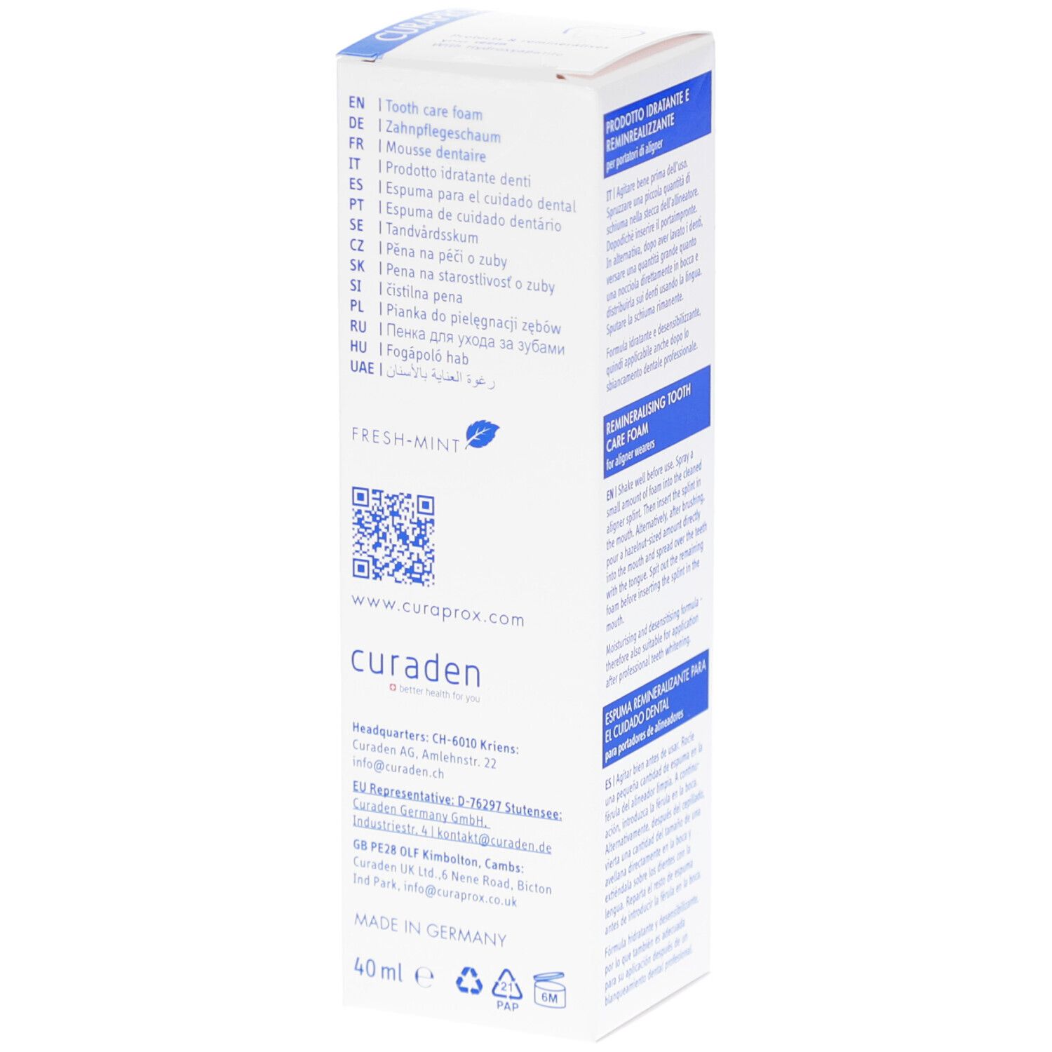 Verpackung mit Text und QR-Code. CURADEN Logo. Made in Germany. 40 ml.