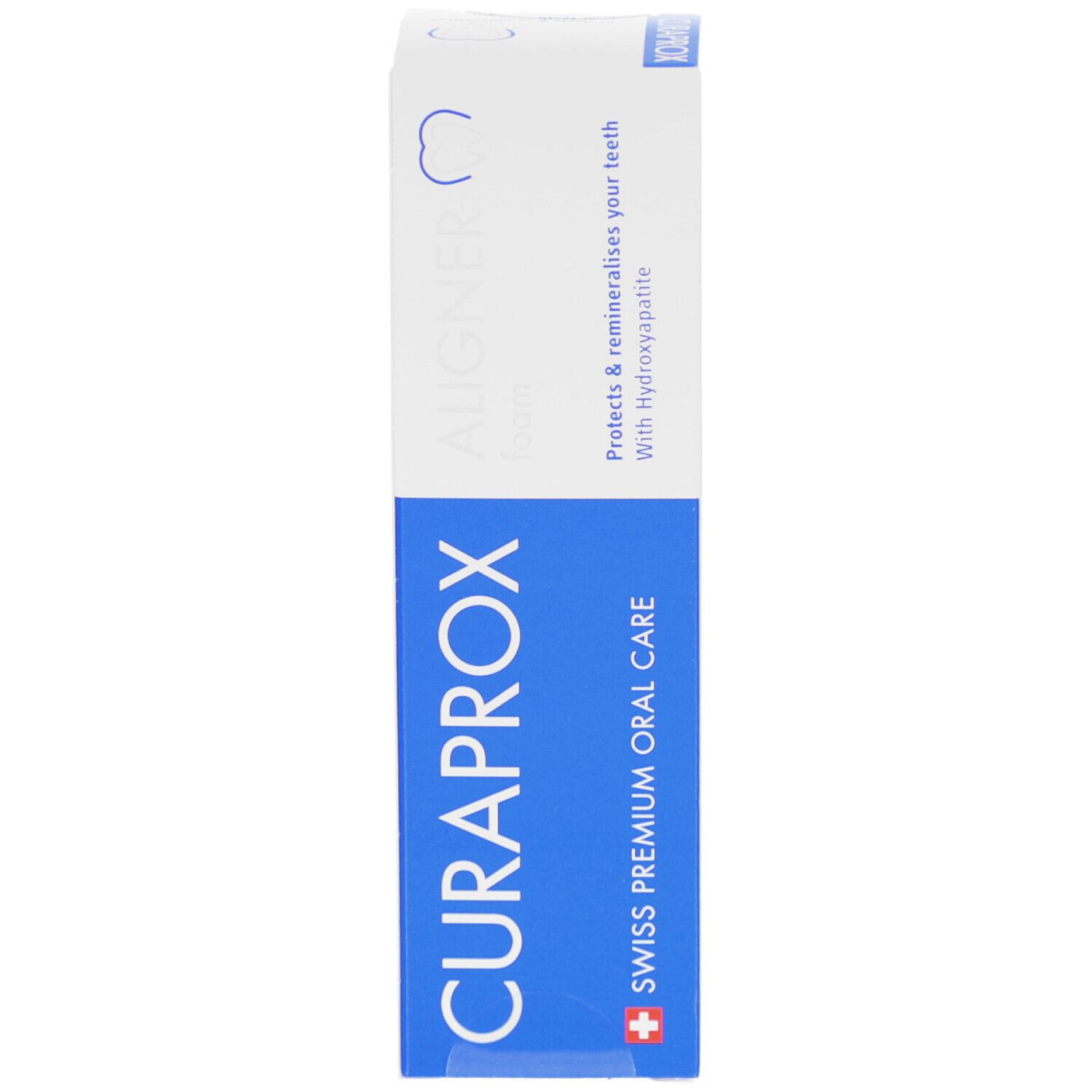 Weiß-blaue Verpackung. CURAPROX Aligner Foam. Swiss Premium Oral Care. Schützt & remineralisiert.
