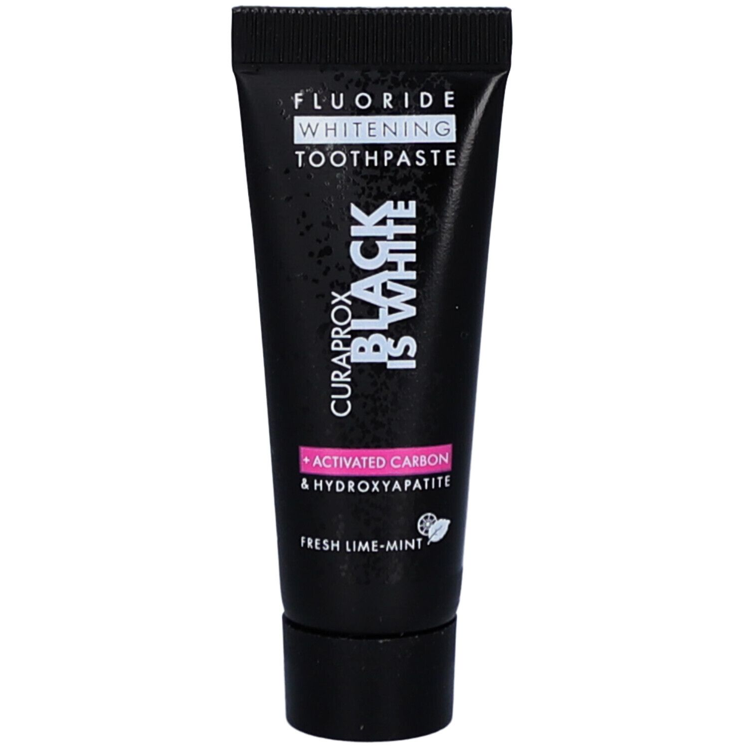Schwarze Zahnpasta-Tube. Aufschrift: CURAPROX Black is white. Enthält Aktivkohle und Hydroxylapatit. Frisch-Limetten-Minze.