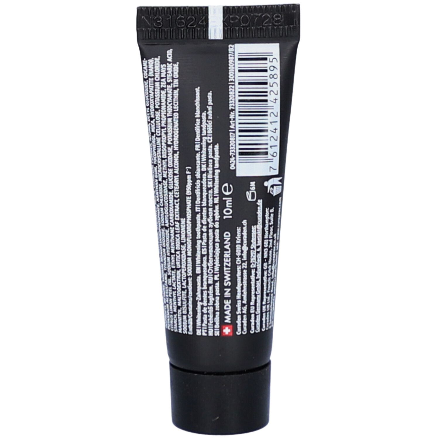 Rückseite der Zahnpasta-Tube. Enthält Text mit Inhaltsstoffen und Herstellerinformationen. Hergestellt in der Schweiz. 10ml.