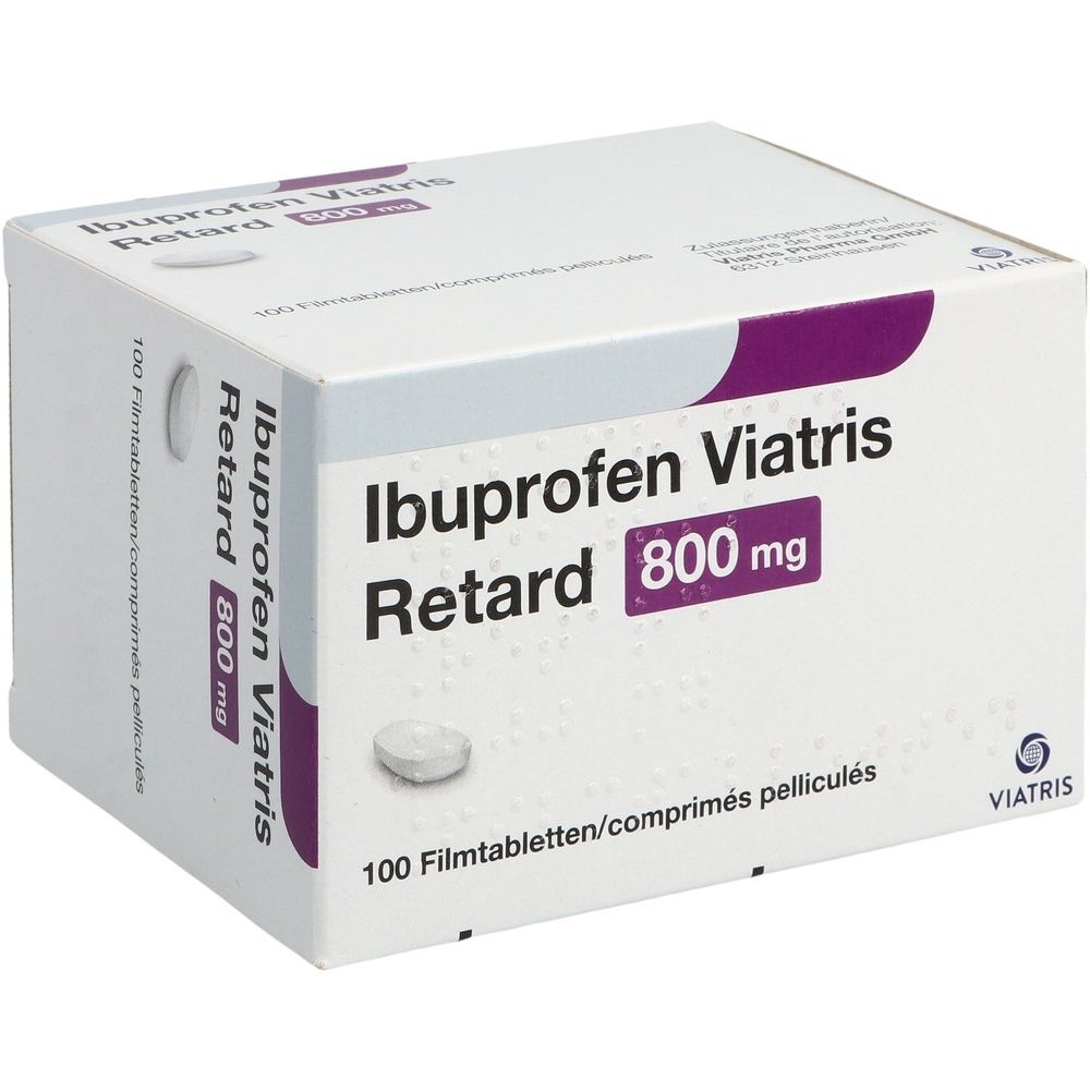 Weißer Karton mit Aufschrift Ibuprofen Viatris Retard 800 mg. Enthält 100 Filmtabletten. Viatris Logo.