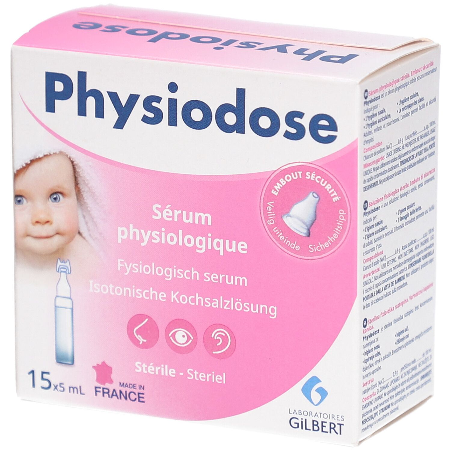 Rosa-weiße Verpackung mit Produktnamen Physiodose. Enthält 15 Ampullen. Abbildung eines Babys. Logos und Text in Französisch, Deutsch, und Englisch.