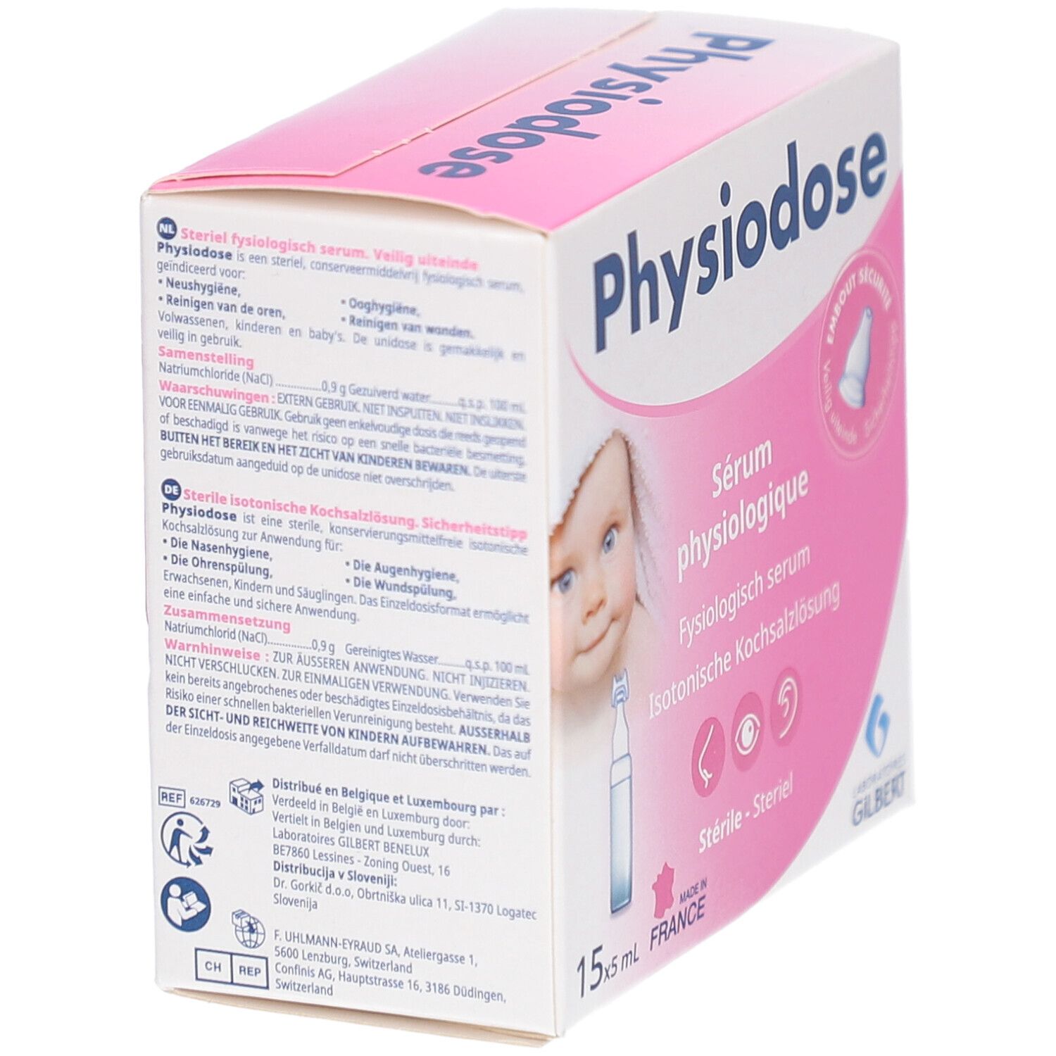 Rosa-weiße Verpackung Physiodose, Seitenansicht. Text in mehreren Sprachen. Enthält 15 Ampullen. Logo Laboratoires Gilbert.
