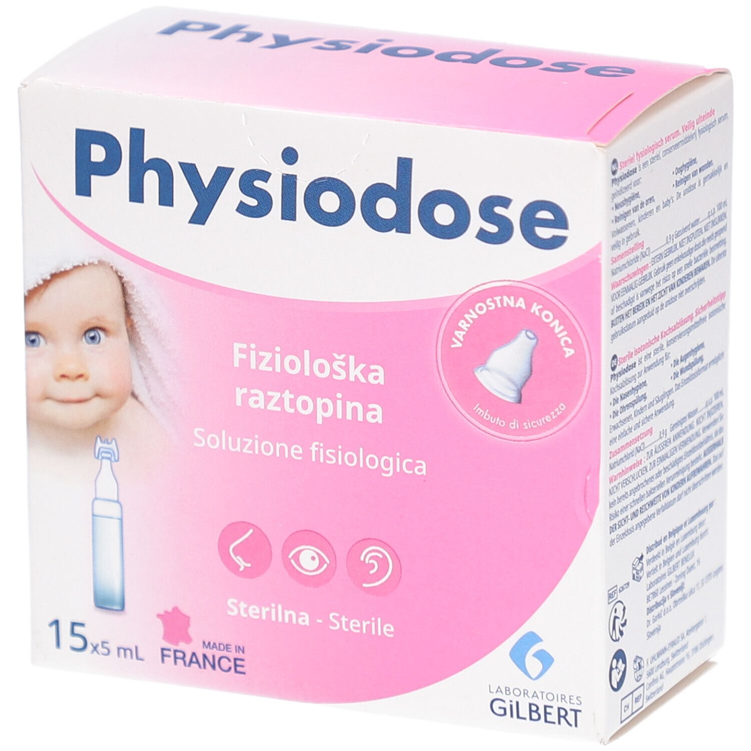 Rosa-weiße Verpackung Physiodose. Enthält 15 Ampullen. Abbildung eines Babys. Text in Französisch, Slowenisch und Italienisch. Logo Laboratoires Gilbert.