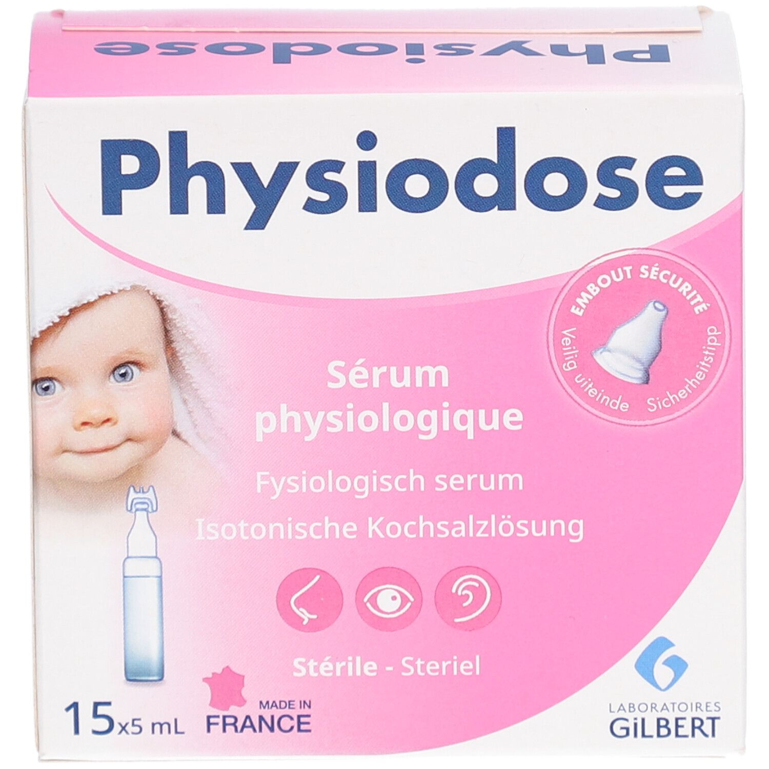 Rosa-weiße Verpackung Physiodose. Enthält 15 Ampullen. Abbildung eines Babys. Logos und Text in Französisch, Deutsch, und Englisch.