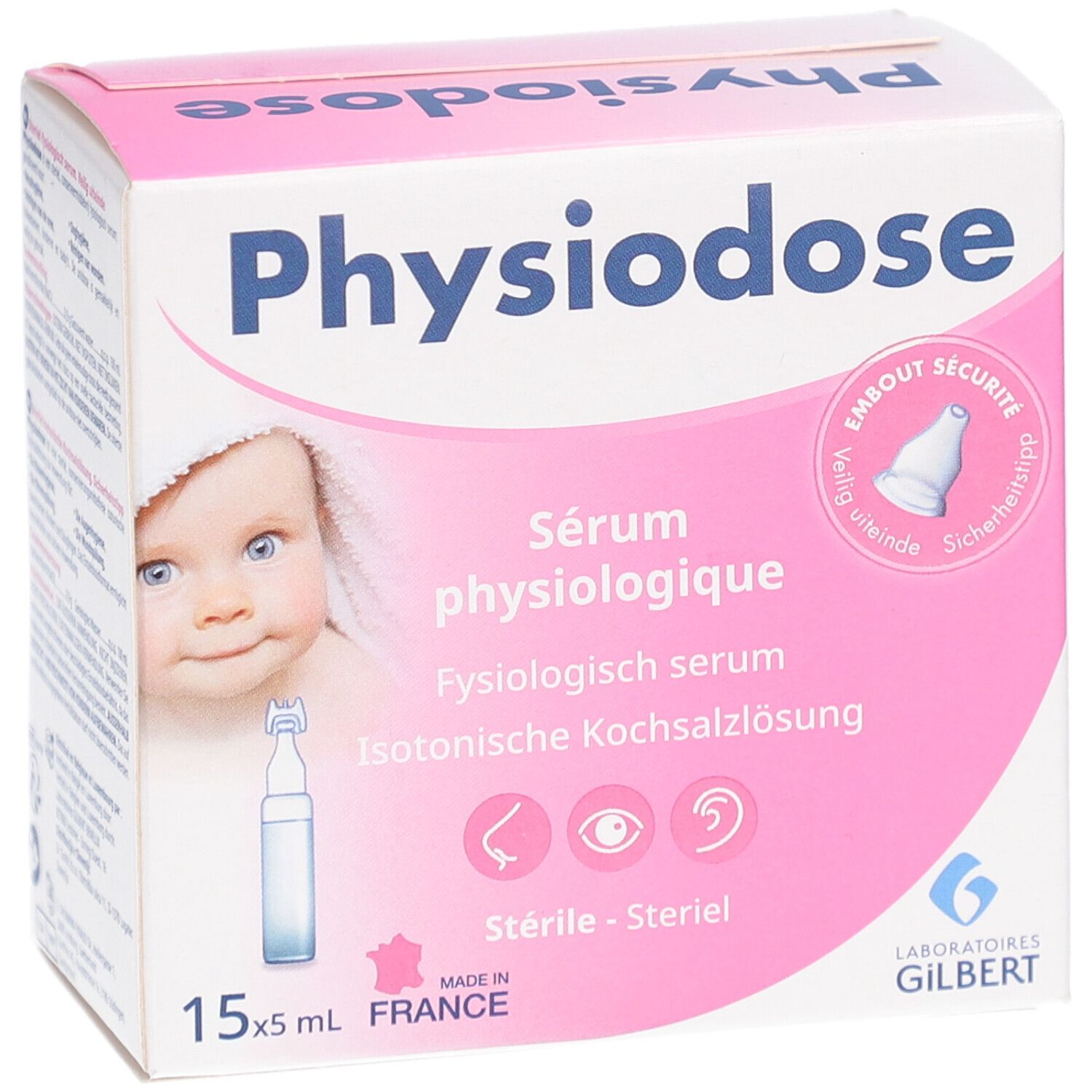 Rosa-weiße Verpackung Physiodose. Enthält 15 Ampullen. Abbildung eines Babys. Logos und Text in Französisch, Deutsch, und Englisch.