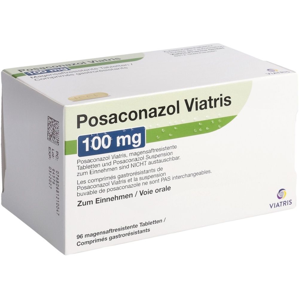 Boîte blanche avec « Posaconazol Viatris » et « 100 mg ». Contient 96 comprimés gastro-résistants. Logo Viatris.