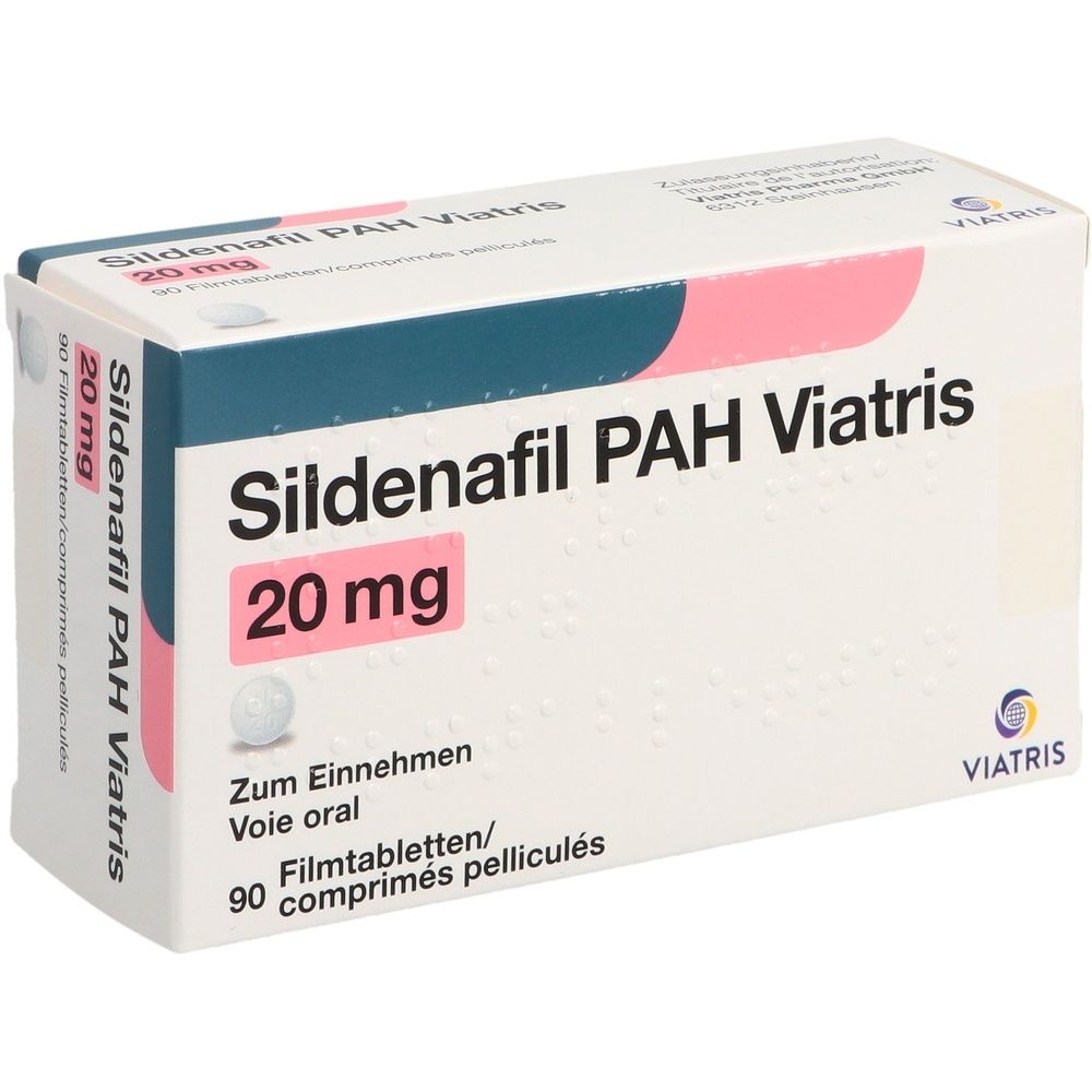 Kartonpackung mit Sildenafil PAH Viatris, 20 mg. Aufschrift: Zum Einnehmen, 90 Filmtabletten. Viatris Logo.