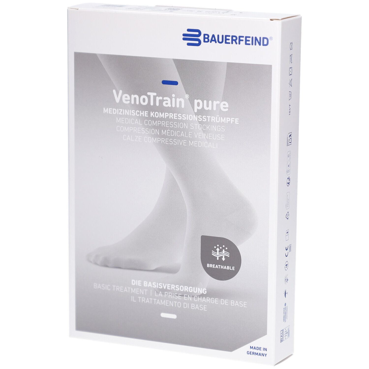 Verpackung mit Kompressionsstrümpfen. Marke Bauerfeind. Text: VenoTrain pure, medizinische Kompressionsstrümpfe. Atmungsaktiv.