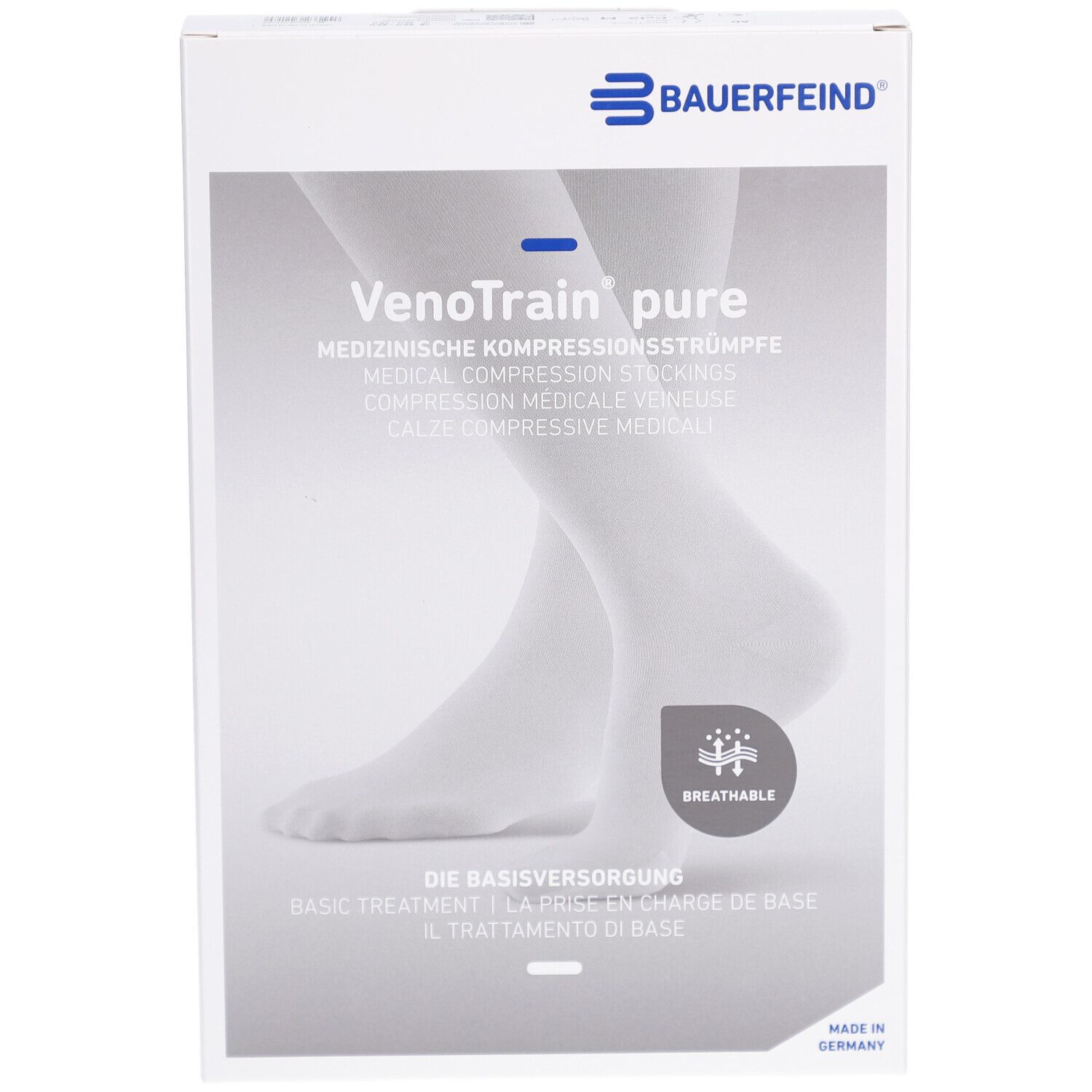 Verpackung mit Kompressionsstrümpfen. Marke Bauerfeind. Text: VenoTrain pure, medizinische Kompressionsstrümpfe. Atmungsaktiv.