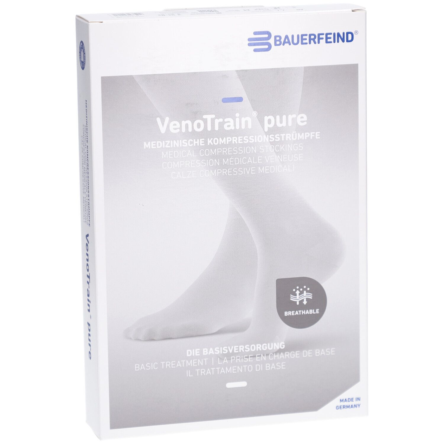 Verpackung mit Kompressionsstrümpfen. Marke Bauerfeind. Text: VenoTrain pure, medizinische Kompressionsstrümpfe. Atmungsaktiv.