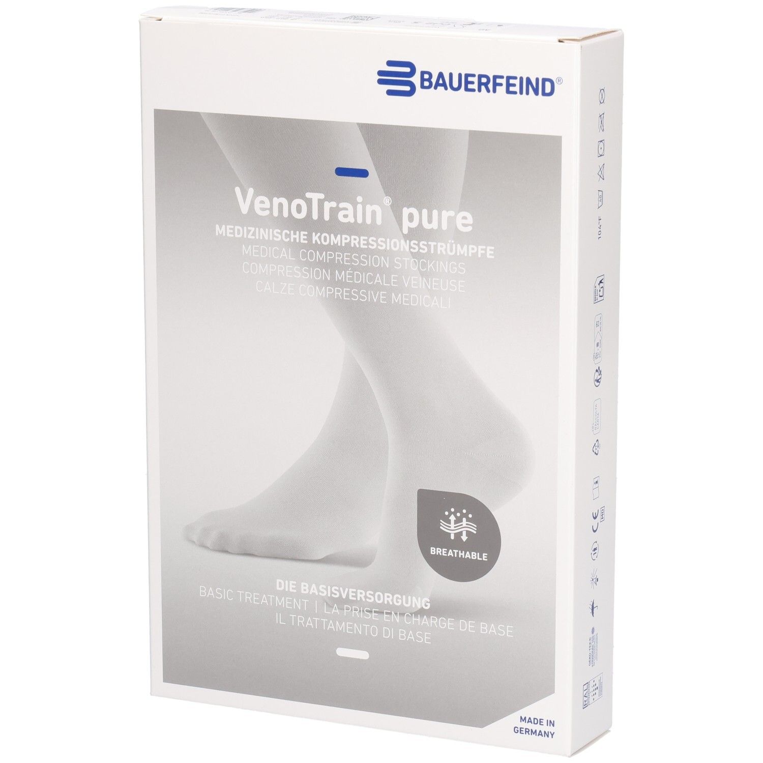Verpackung mit Kompressionsstrümpfen. VenoTrain pure, medizinische Kompressionsstrümpfe. Beige Strümpfe abgebildet. Atmungsaktiv.