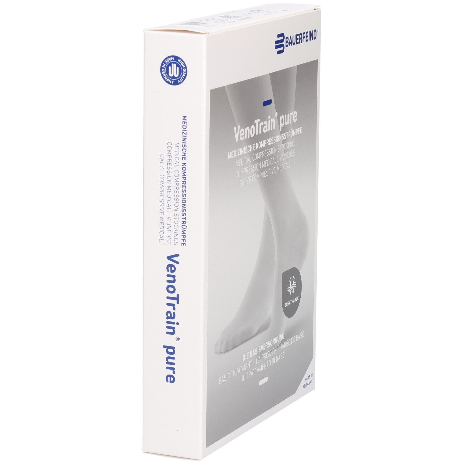 Verpackung, VenoTrain pure. Medizinische Kompressionsstrümpfe. Bauerfeind Logo. Seite mit Produktinformationen und Illustration.