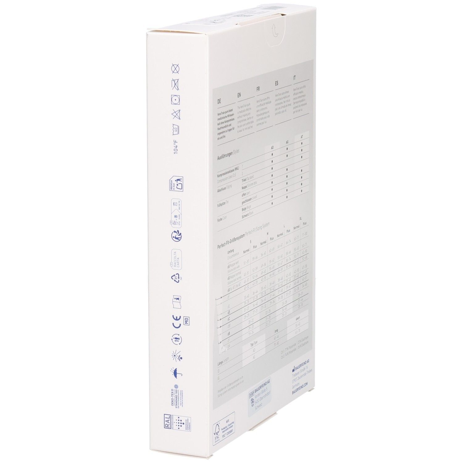 Seite der Verpackung. Produktinformationen, Logos und Symbole. Bauerfeind Logo. Medizinprodukt.