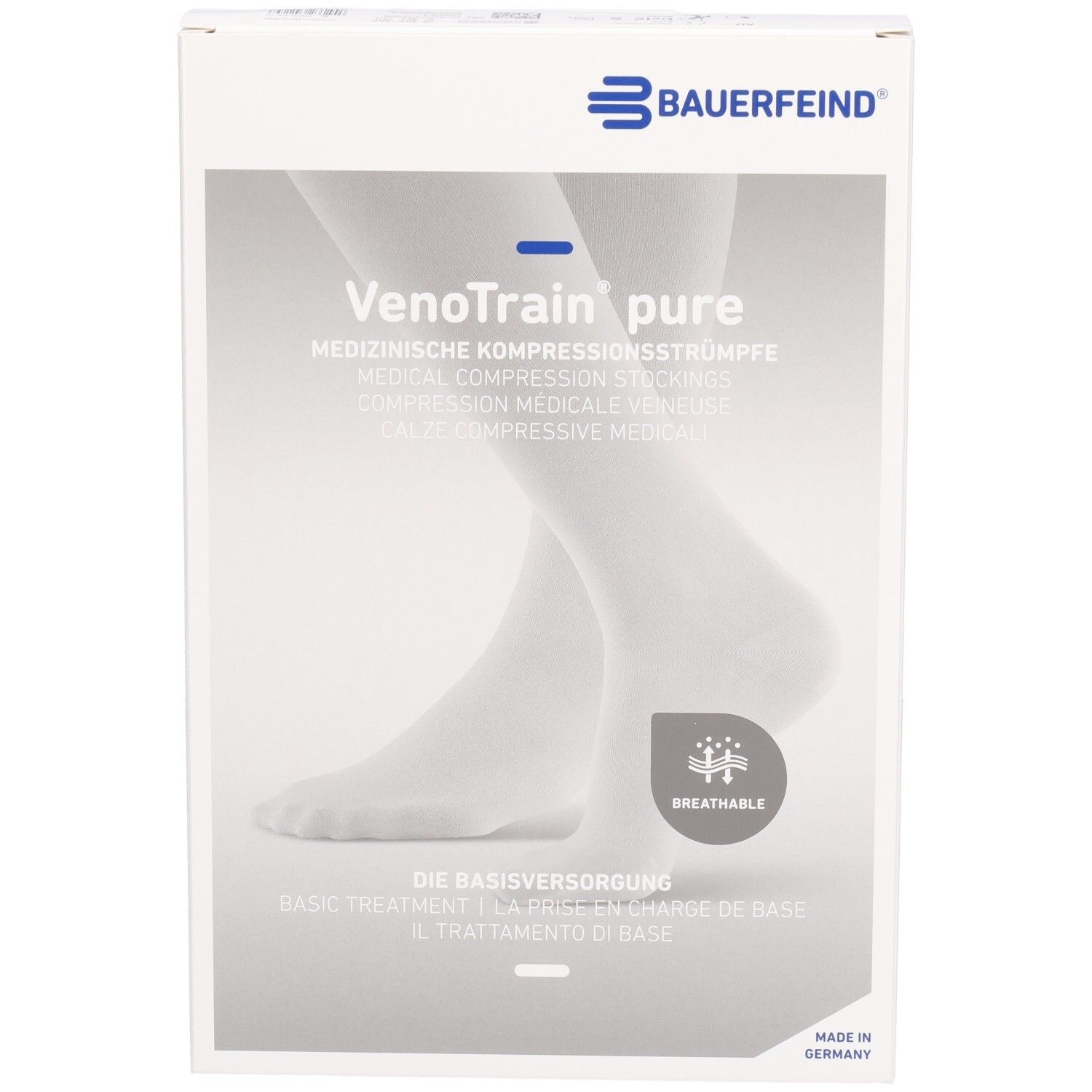 Verpackung mit Kompressionsstrümpfen. VenoTrain pure, medizinische Kompressionsstrümpfe. Beige Strümpfe abgebildet. Atmungsaktiv.