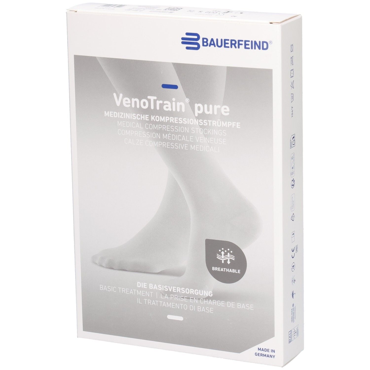 Verpackung mit Kompressionsstrümpfen. Marke: Bauerfeind. Text: VenoTrain pure. Medizinische Kompressionsstrümpfe. Atmungsaktiv.