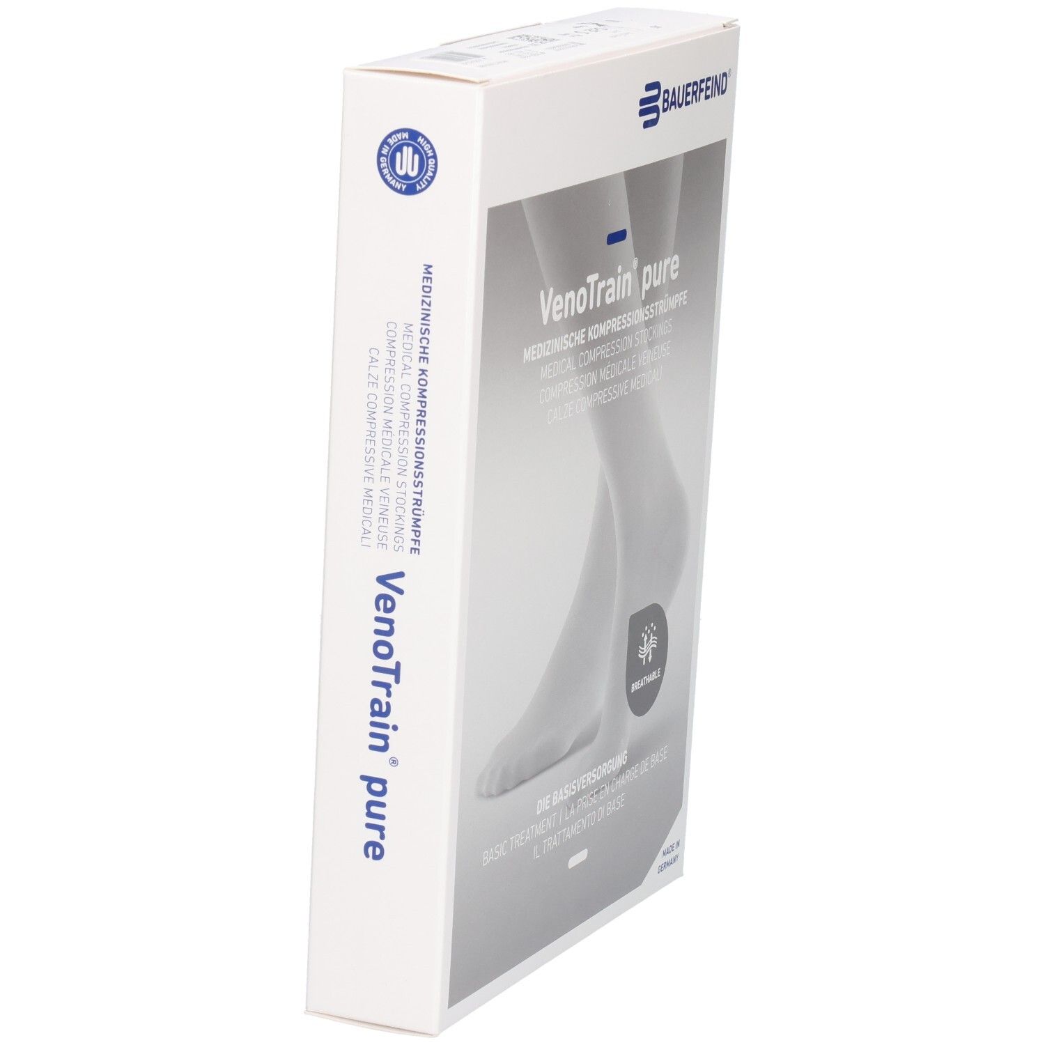Verpackung, seitliche Ansicht. Marke: Bauerfeind. Text: VenoTrain pure. Medizinische Kompressionsstrümpfe. Logo.