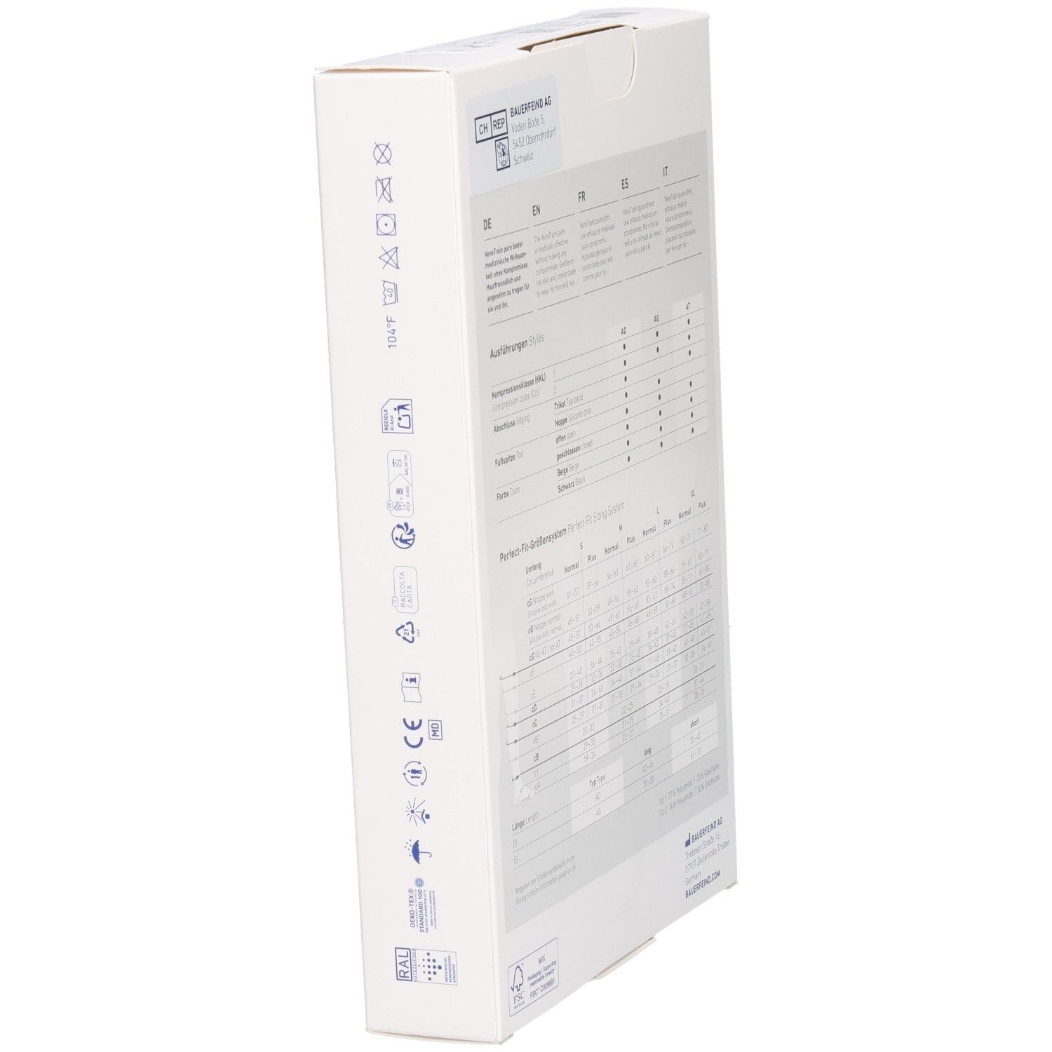 Seitenansicht der Verpackung. Waschsymbole, CE-Kennzeichnung. Text: VenoTrain pure. Marke: Bauerfeind.