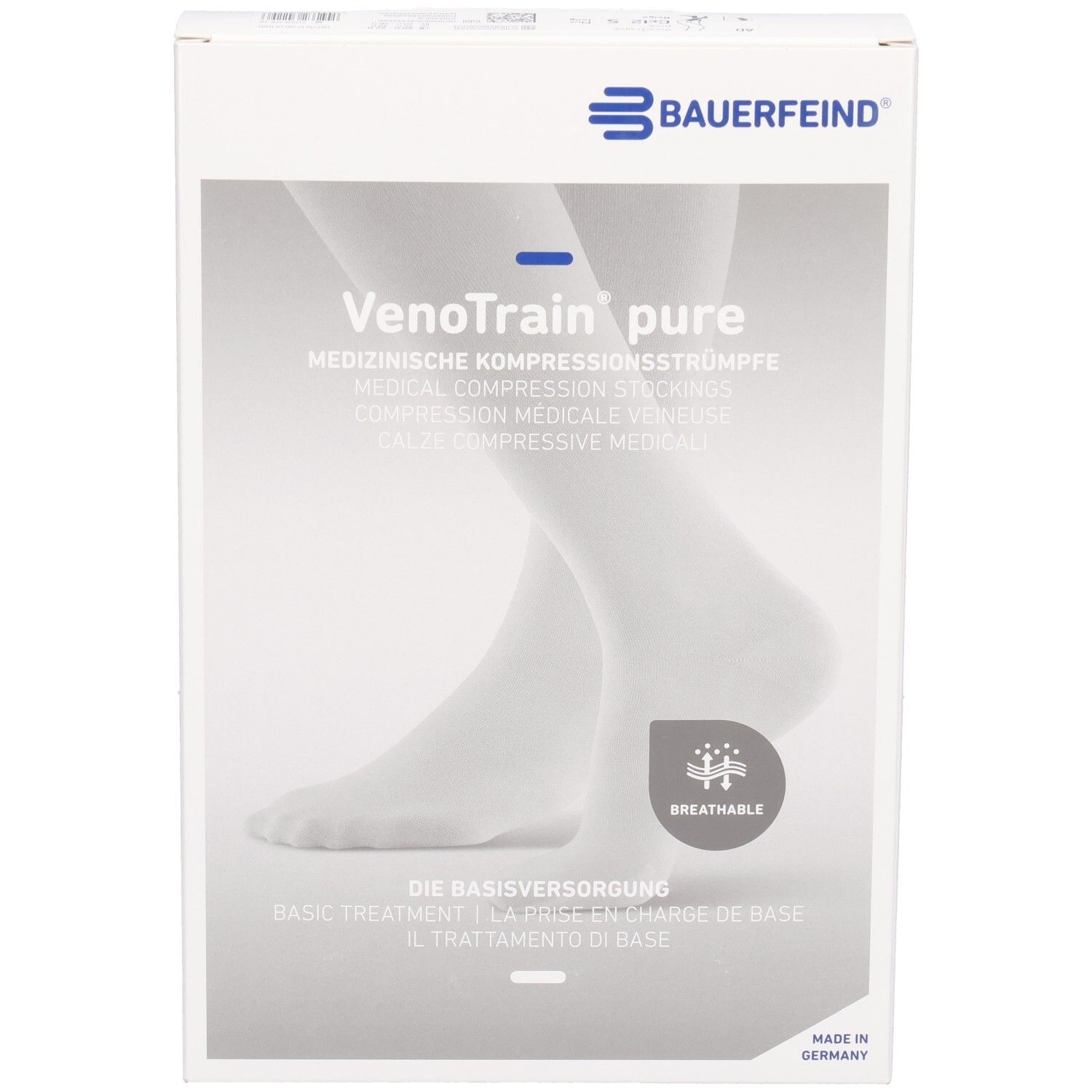 Verpackung mit Kompressionsstrümpfen. Marke: Bauerfeind. Text: VenoTrain pure. Medizinische Kompressionsstrümpfe. Atmungsaktiv.