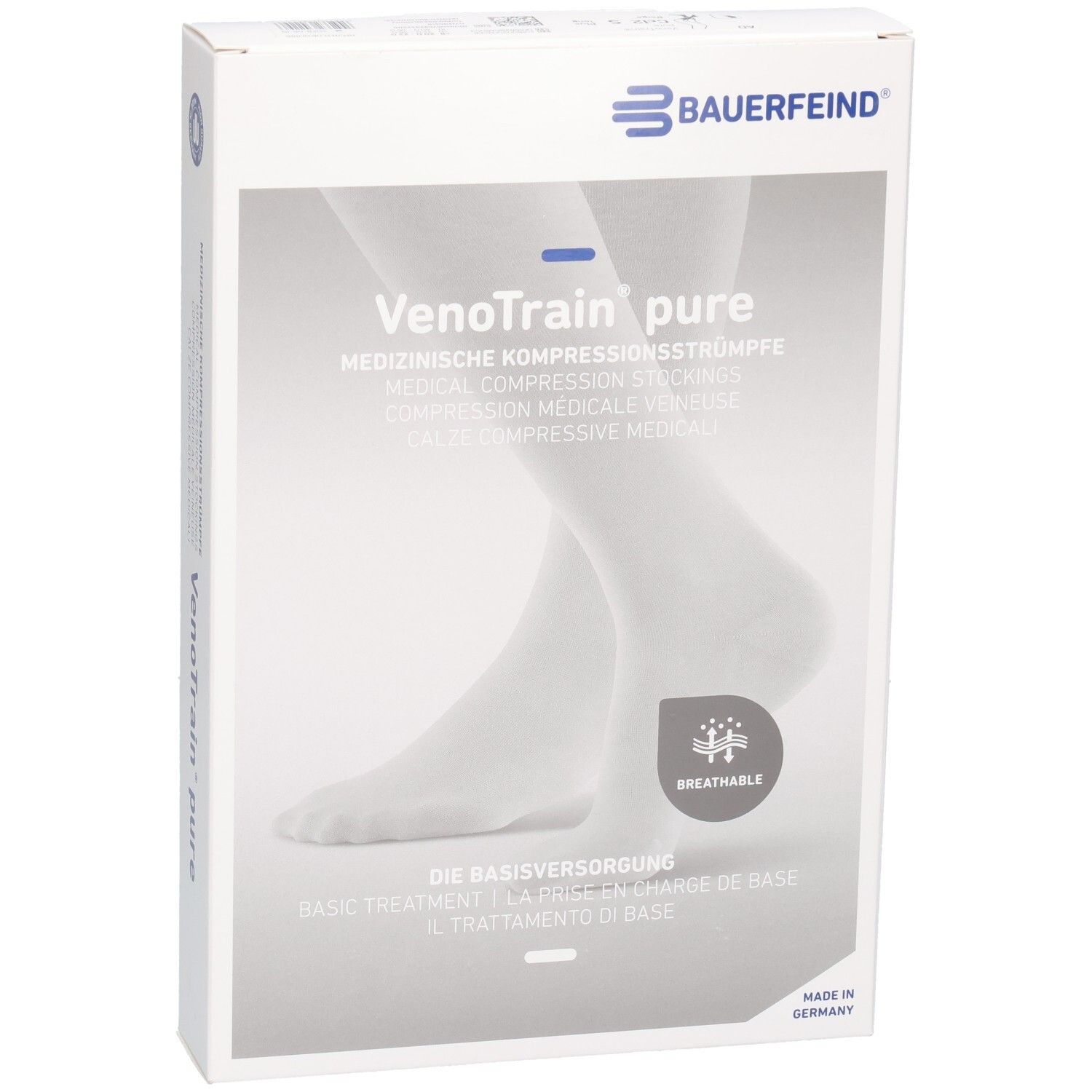 Verpackung mit Kompressionsstrümpfen. Marke: Bauerfeind. Text: VenoTrain pure. Medizinische Kompressionsstrümpfe. Atmungsaktiv.