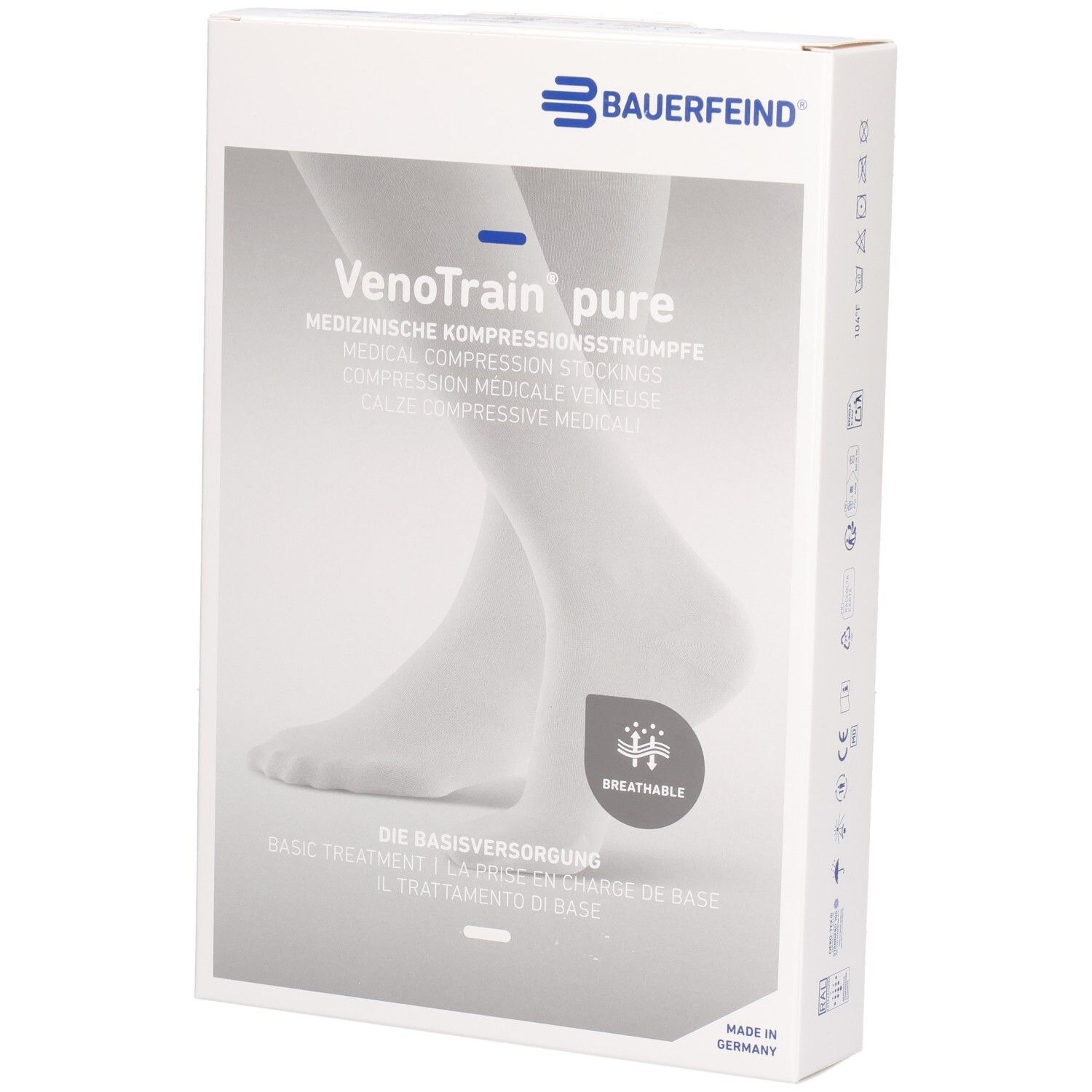 Verpackung von Bauerfeind VenoTrain pure Kompressionsstrümpfen. Weißer Karton mit Produktabbildung und Logo.
