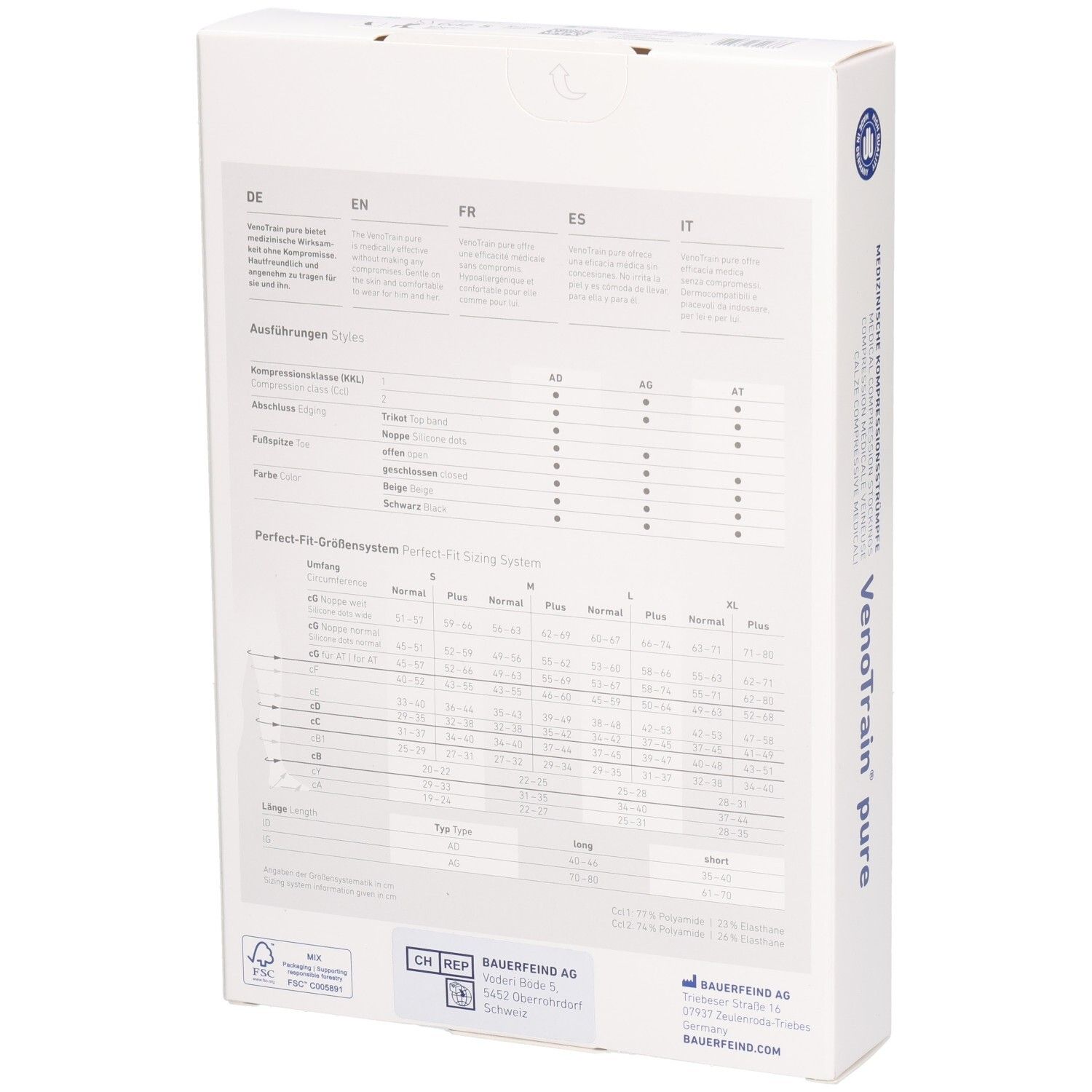 Rückseite der Bauerfeind VenoTrain pure Verpackung. Tabellen mit Größenangaben und Produktinformationen.