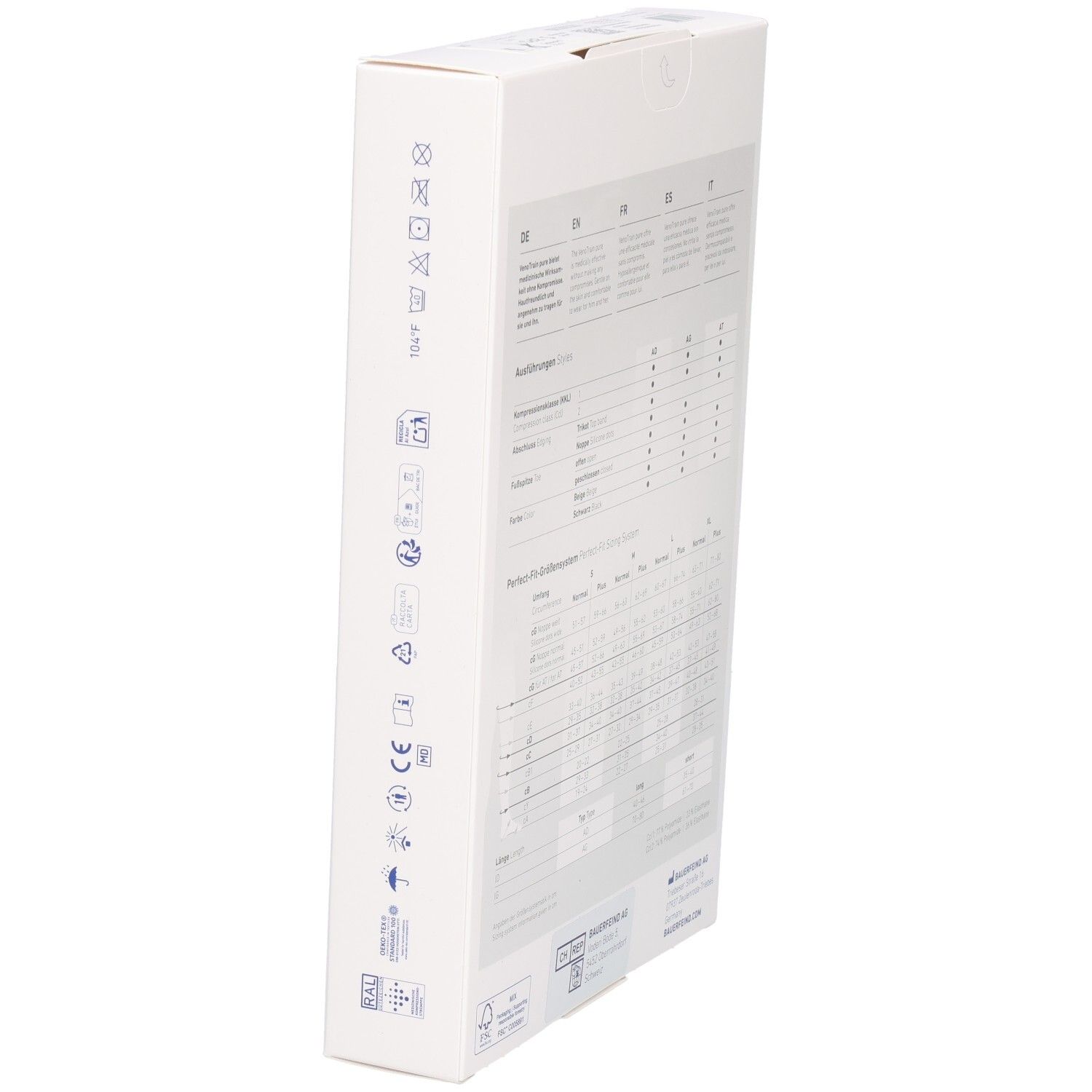 Seite der Bauerfeind VenoTrain pure Verpackung. Symbole für Pflegehinweise und Produktinformationen.