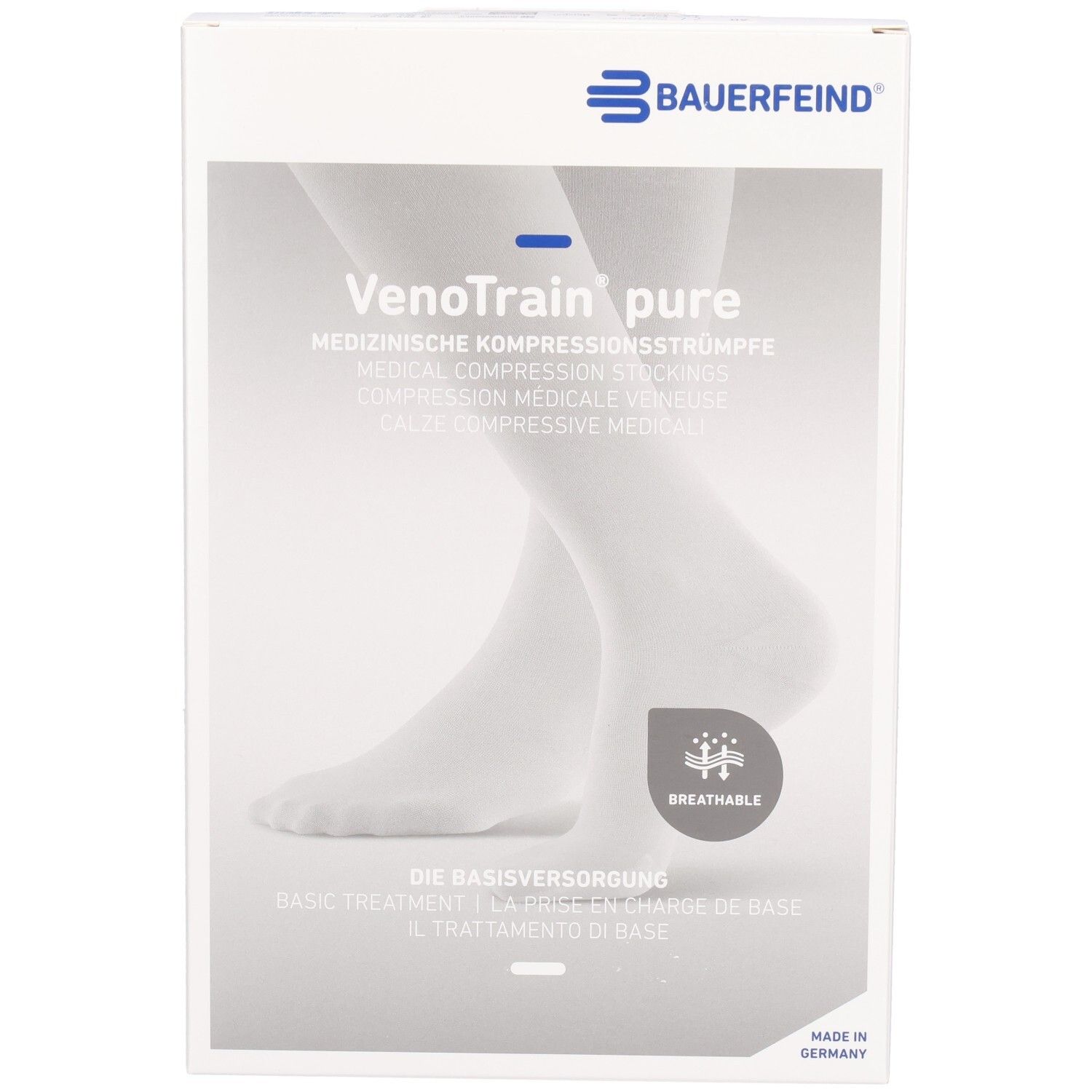 Verpackung von Bauerfeind VenoTrain pure Kompressionsstrümpfen. Weißer Karton mit Produktabbildung und Logo.