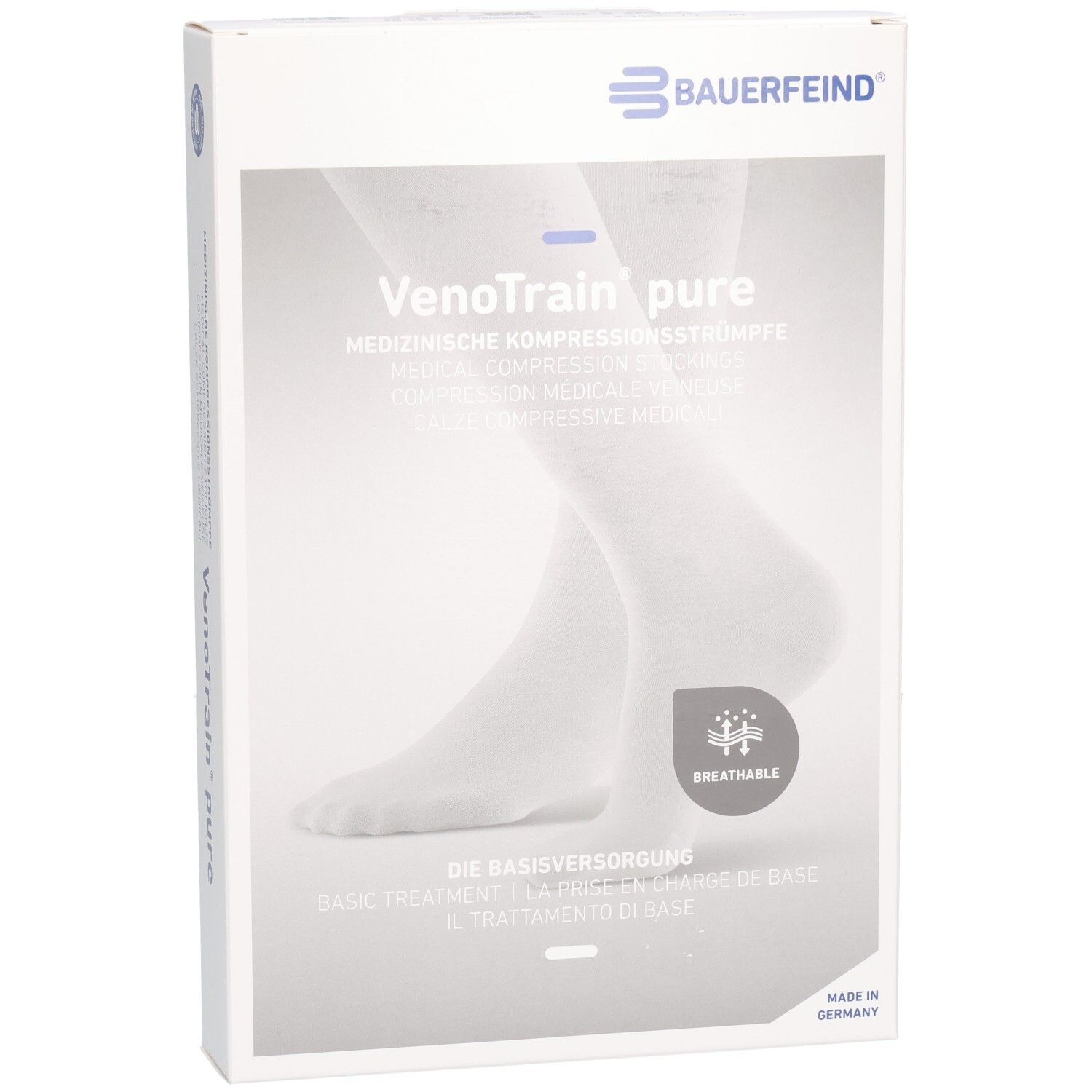 Verpackung von Bauerfeind VenoTrain pure Kompressionsstrümpfen. Weißer Karton mit Produktabbildung und Logo.