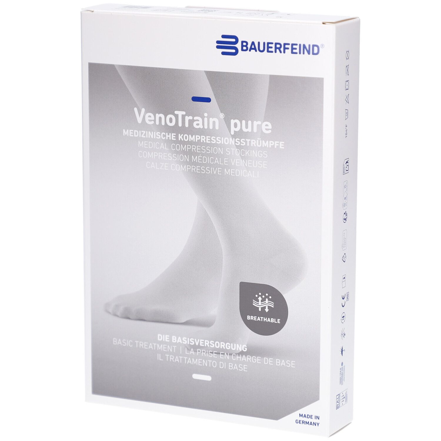 Verpackung mit Kompressionsstrümpfen. Marke BAUERFEIND. Produktname: VenoTrain pure. Abbildung eines Fußes. Text: Medizinische Kompressionsstrümpfe.