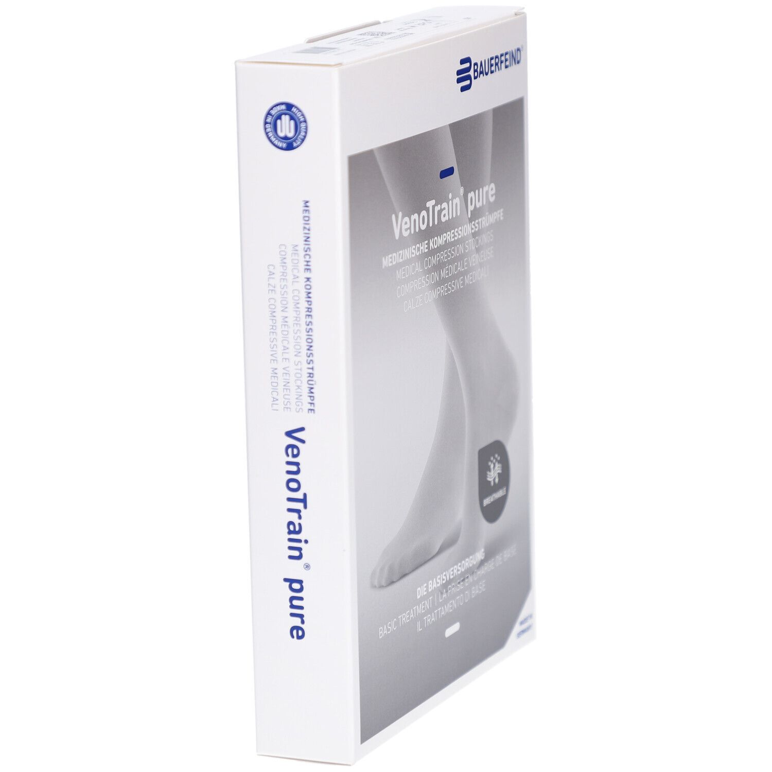 Verpackung, seitliche Ansicht. Marke BAUERFEIND. Produktname: VenoTrain pure. Text: Medizinische Kompressionsstrümpfe. Logo: Atmungsaktiv.